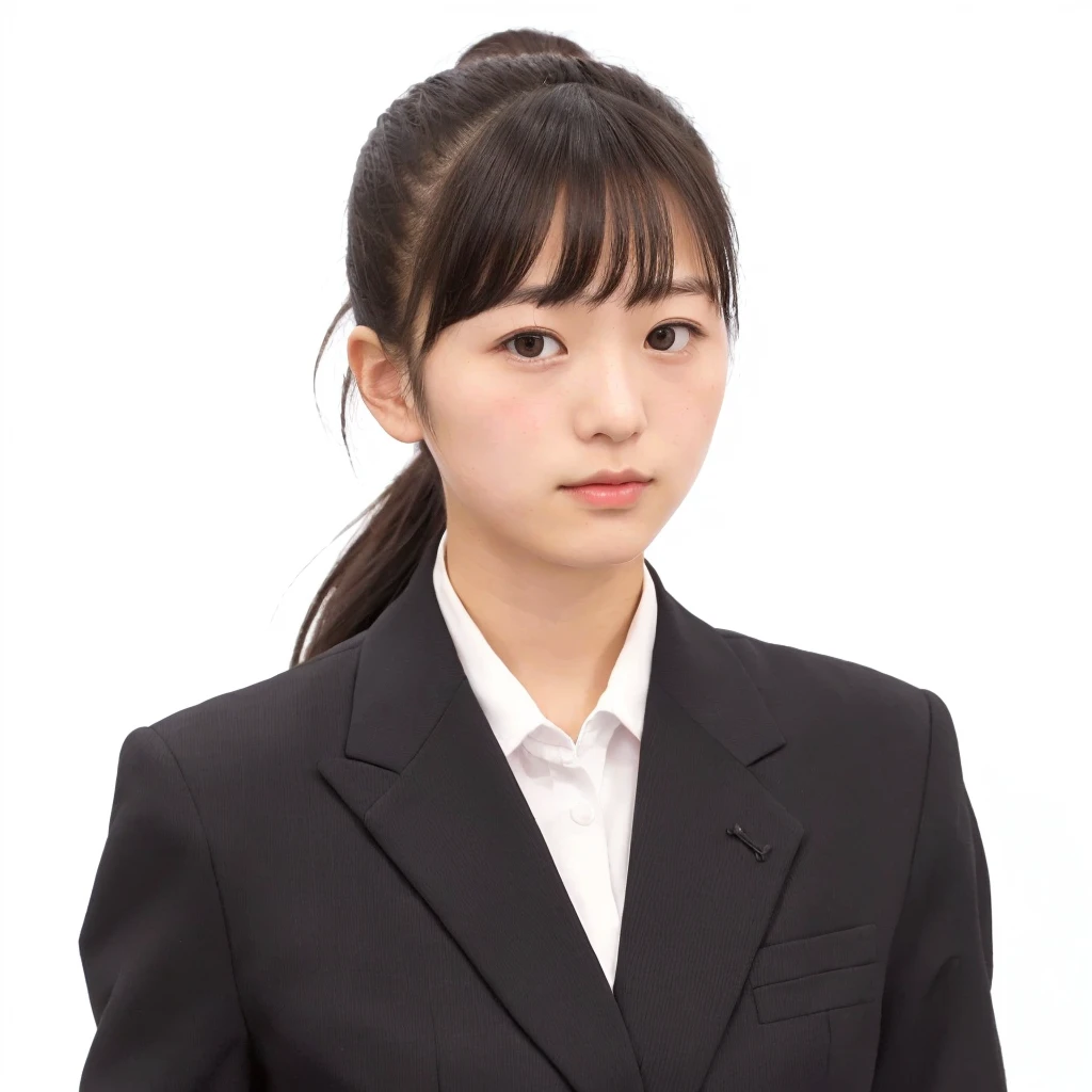 Cute Japanese girl, about 15 years old, dark hair, ponytail, recruiting suit,