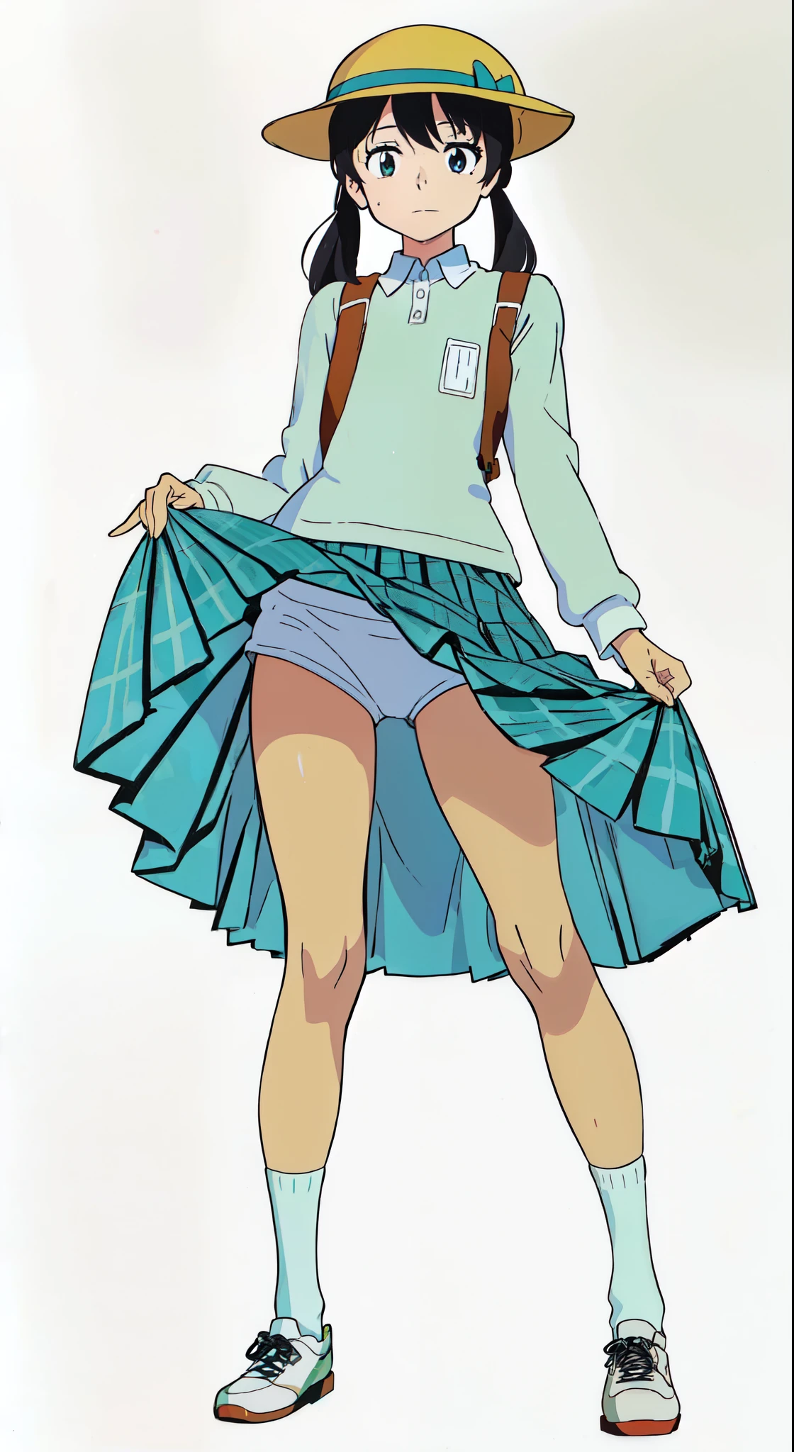 (detailed white cotton panties:1.0), (green tartan skirt:1.0), (white background:1.0), (best quality:1.0), (masterpiece:1.0), (super fine illustration:1.0), (beautiful artwork:1.0), (anime screencap:1.0), (official art:1.0), (full body:1.0), (solo:1.0), (ESGA:1.0), (a cute girl:1.25), (yellow hat:1.0), (red backpack:1.0), (long skirt:1.0), (green tartan skirt:1.0), (pleated skirt:1.0), (aqua blue polo shirt:1.0), (long sleeve polo shirt:1.0), (sneakers:1.0), (white socks:1.0), (ideal ratio body proportions:1.0), (lanky:1.0), (tall:1.0), (slender:1.0), (small breasts:1.0), (smaller face:1.0), (tareme:1.0), (detailed beautiful eyes:1.25), (detailed beautiful face:1.25), (glowing black eyes:1.0), (short hair:1.0), (low twintails:1.0), (black hair:1.0), (standing:1.0), (looking at viewer:1.0)