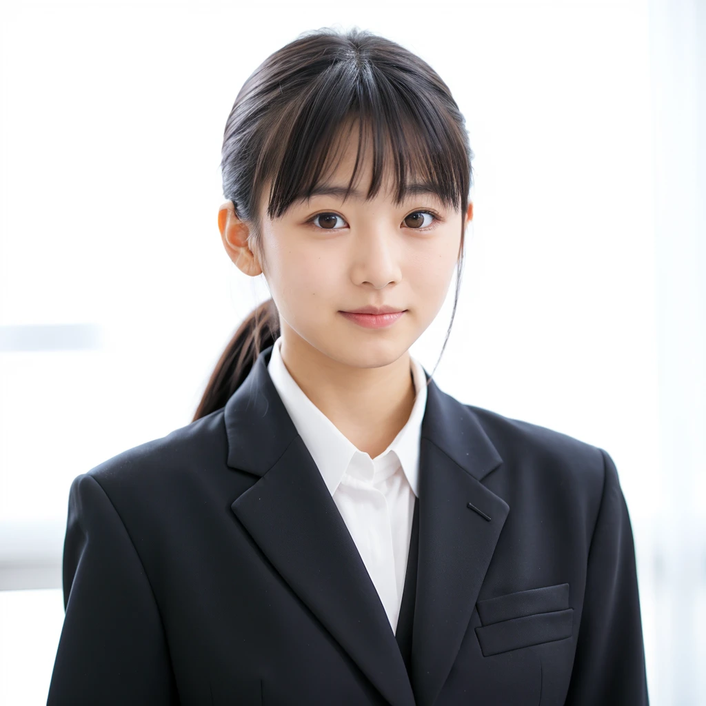 Cute Japanese girl, about 15 years old, dark hair, ponytail, recruiting suit,