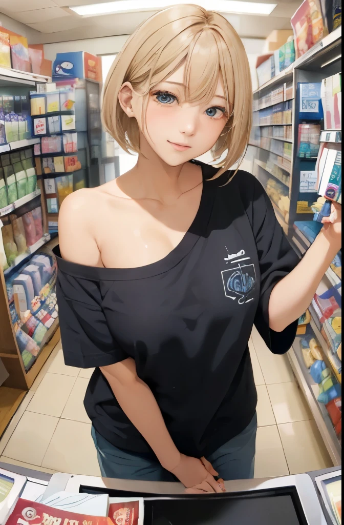 masterpiece、highest quality、be familiar with、1 female、18-year-old、blue eyes、blonde、black skin、(((oil skin))),shiny skin, short hair、Oversized Shoulders are out シャツ、Seductive thighs、big breasts、big breasts、A woman went shopping、Angle from above、embarrassed face、from the front、upward glance、background bokeh、In front of the convenience store cashier counter、A girl who came to buy condoms、Place condoms and alcohol on the cashier counter、((照れた顔、赤面、恥ずかしそう))