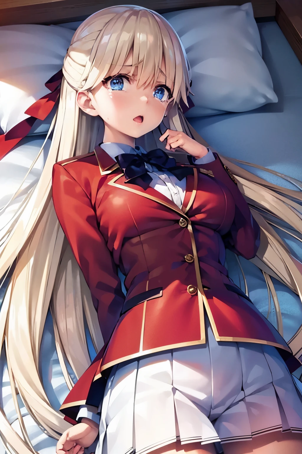 vmasterpiece, top-quality, highres, 1girl tsubasa nanase blonde hair blue eyes, school uniform red jacket white shirt white skirt white ribbon 、looking at the viewers,BREAK (masutepiece:1.2), Best Quality, High resolution, Unity 8k壁纸, (Illustration:0.8), (Beautiful detailed eyes:1.6), extra detailed face, Perfect Lighting, extremely details CG, (Perfect hands, Perfect Anatomy), (Crying face:1.3)、 NSFW,Normal bit,(Missionary position),Lying in bed,bird’s eye view),(Spread legs),(Sleep on your back:1.5),(Girl trembling with sexual climax)