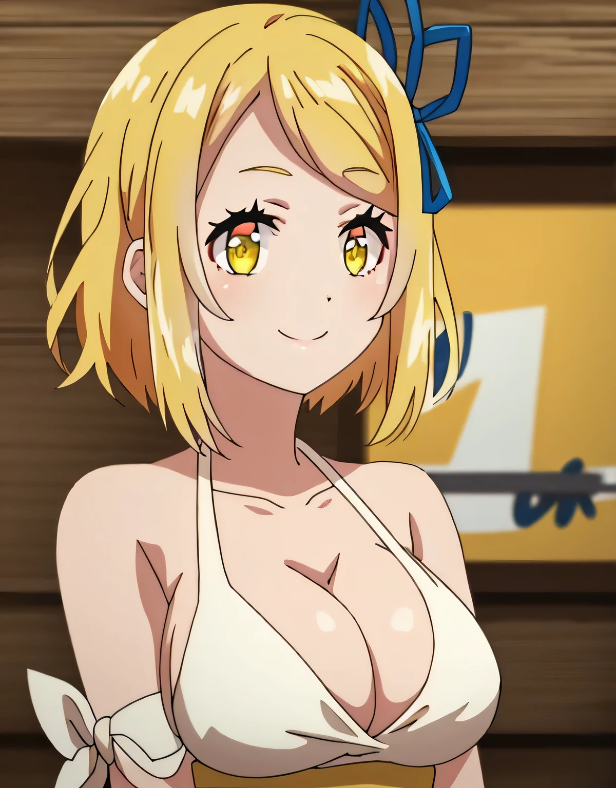 like,ブロンドのhair, short hair, yellow eyes, hair飾り,white dress, cleavage, No sleeve, ribbon, gold trim,(big breasts:1.5),shiny,hair,((alone)),((masterpiece)),((highest quality)),perfect anatomy,slim waist,perfect image,8K UHD,(beautiful and fine eyes:1.3),highly detailed face,Are standing,(Upper body:1.1),(look ahead:1.1),back arm,super detailed,disorganized,High resolution,smile,outdoor,