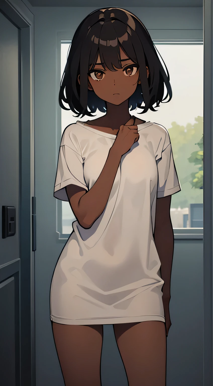 (masterpiece, best quality), (1girl:1.3), dark black skin, african american, female, skinny, long straight dark black hair, shy expression, brown eyes, transparent background,