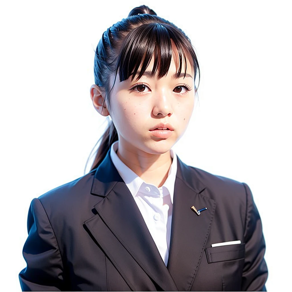 Cute Japanese girl, about 15 years old, dark hair, ponytail, recruiting suit,