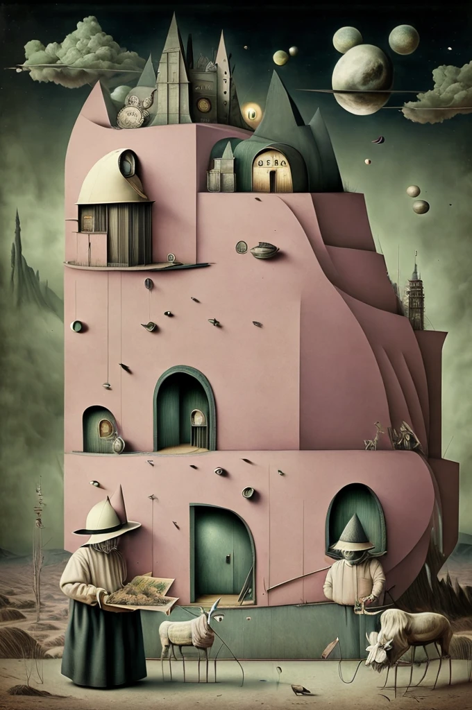 Surreal style by Ben Templesmith and Ladislav Sutnar and Zdzislaw Beksinski, Pink_Floyd the wall album art, cunning curious anachronisms and inconsistencies, neo-surrealism