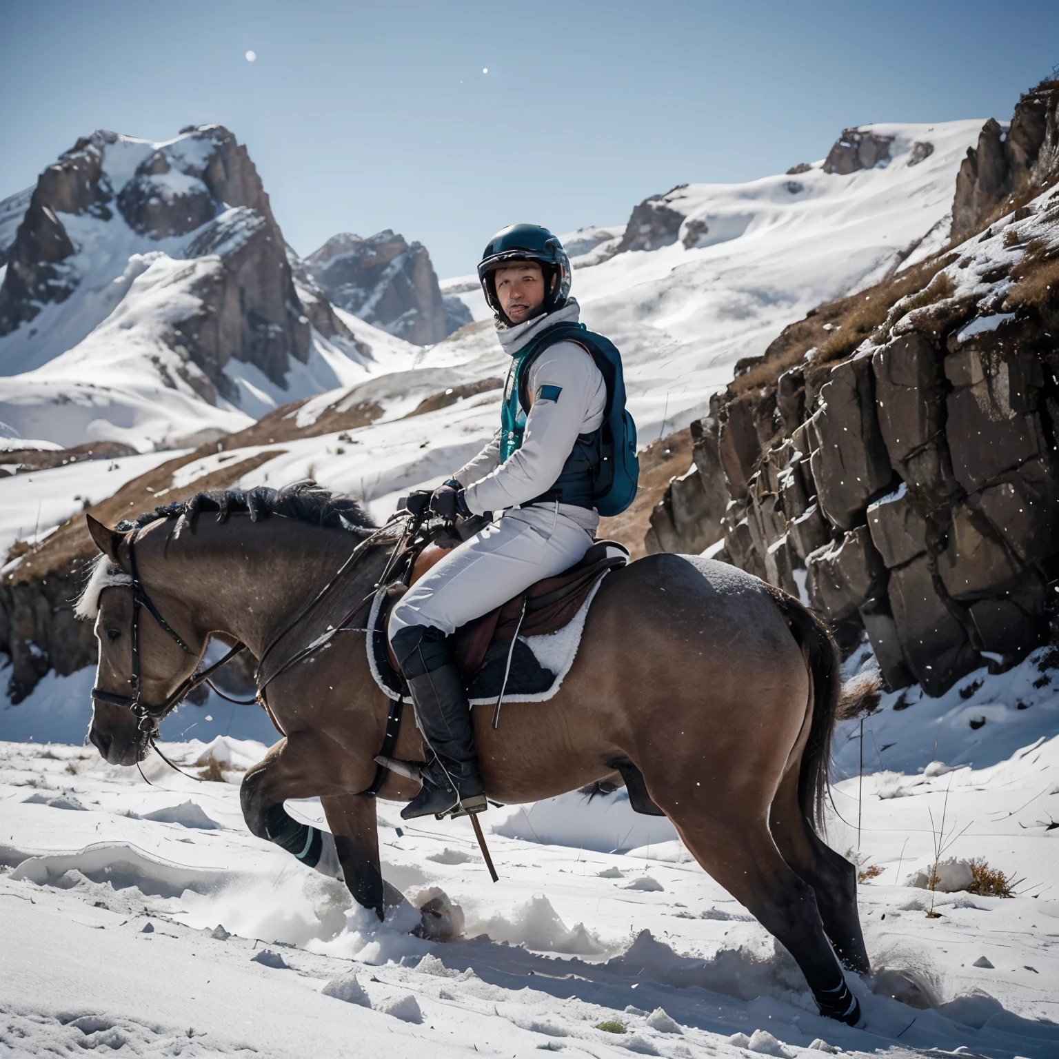 Astronauta com capacete fechado em cima de um cavalo branco. Ao fundo montanhas verdes com picos de neve, estilo paisagem