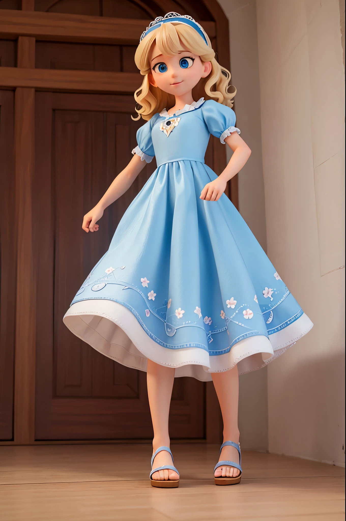 an alone happy and beautiful adult (25 years old) woman called Cinderella: big blue eyes, white skin, medium-length blond curly hair, small hands, small feet, adorable face, 5.6 feet height; she is wearing: a blue Floral Peasant Sleeve Dress; gray sandals; show head, show feet; high-quality photo, cartoon style hand drawing, full body, far from the camera, white background, natural skin texture, 4K Textures, HDR, Intricate, highly detailed, sharp focus, cinematic look, hyper-detailed, bending down to pick up clothes from the floor