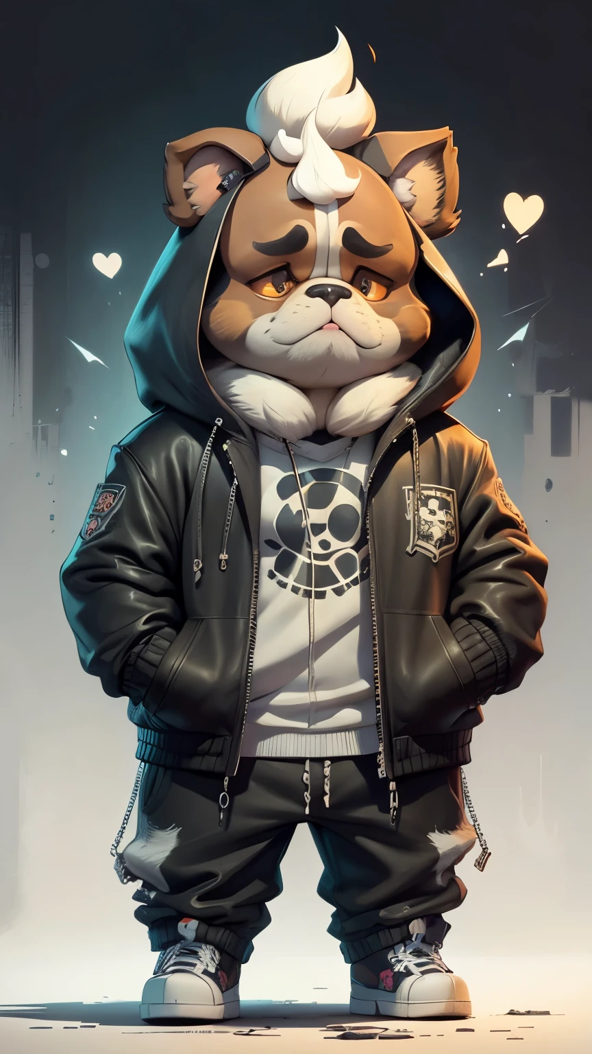 C4tt4stic, Cartoon lop-eared bulldog dog with jacket and skateboard(Body hair is black、droopy ears、)