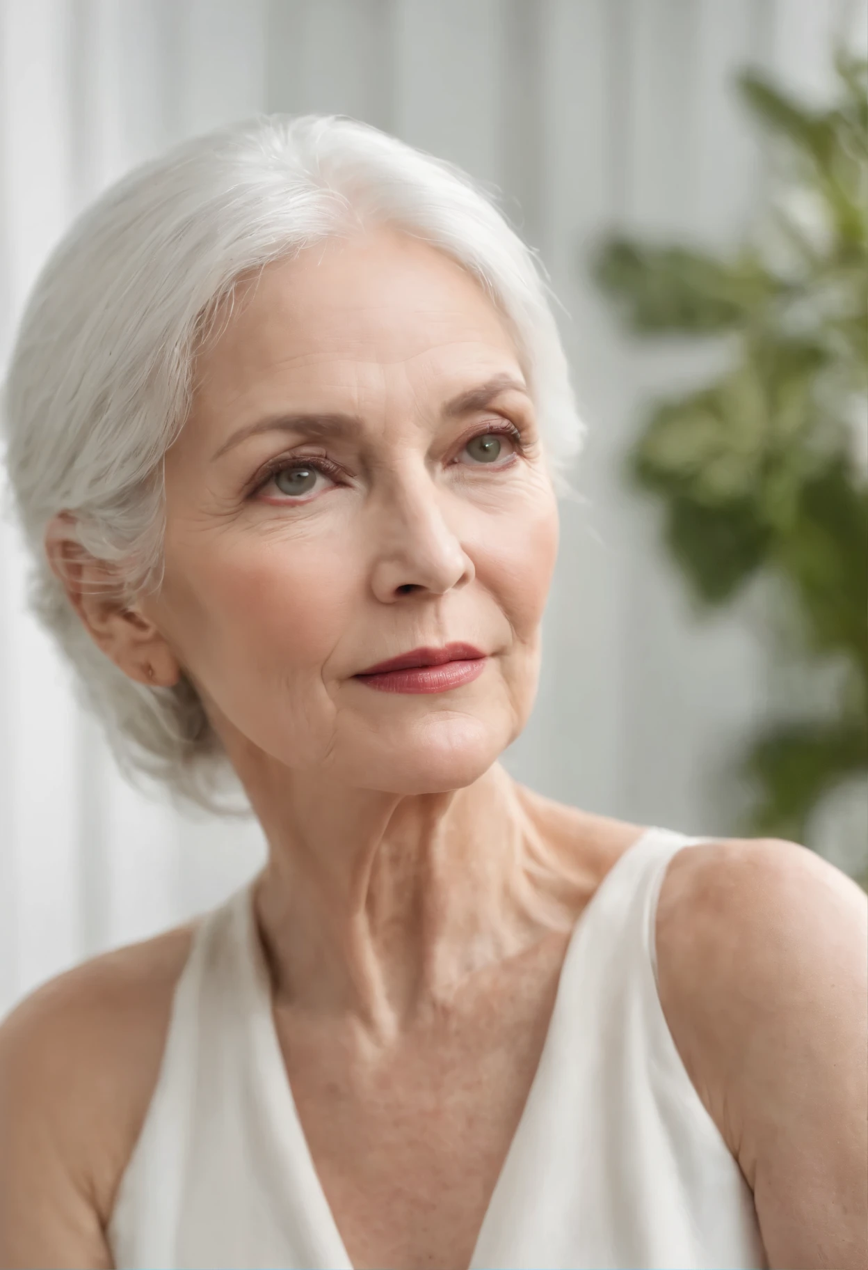 (((I'm doing a photo shoot))) Women around 60 years of age, Natural white hair, see through blouse,Slender and elegant, beautiful, ultra sharp focus, Realistic shots, s whole body, Low Angle