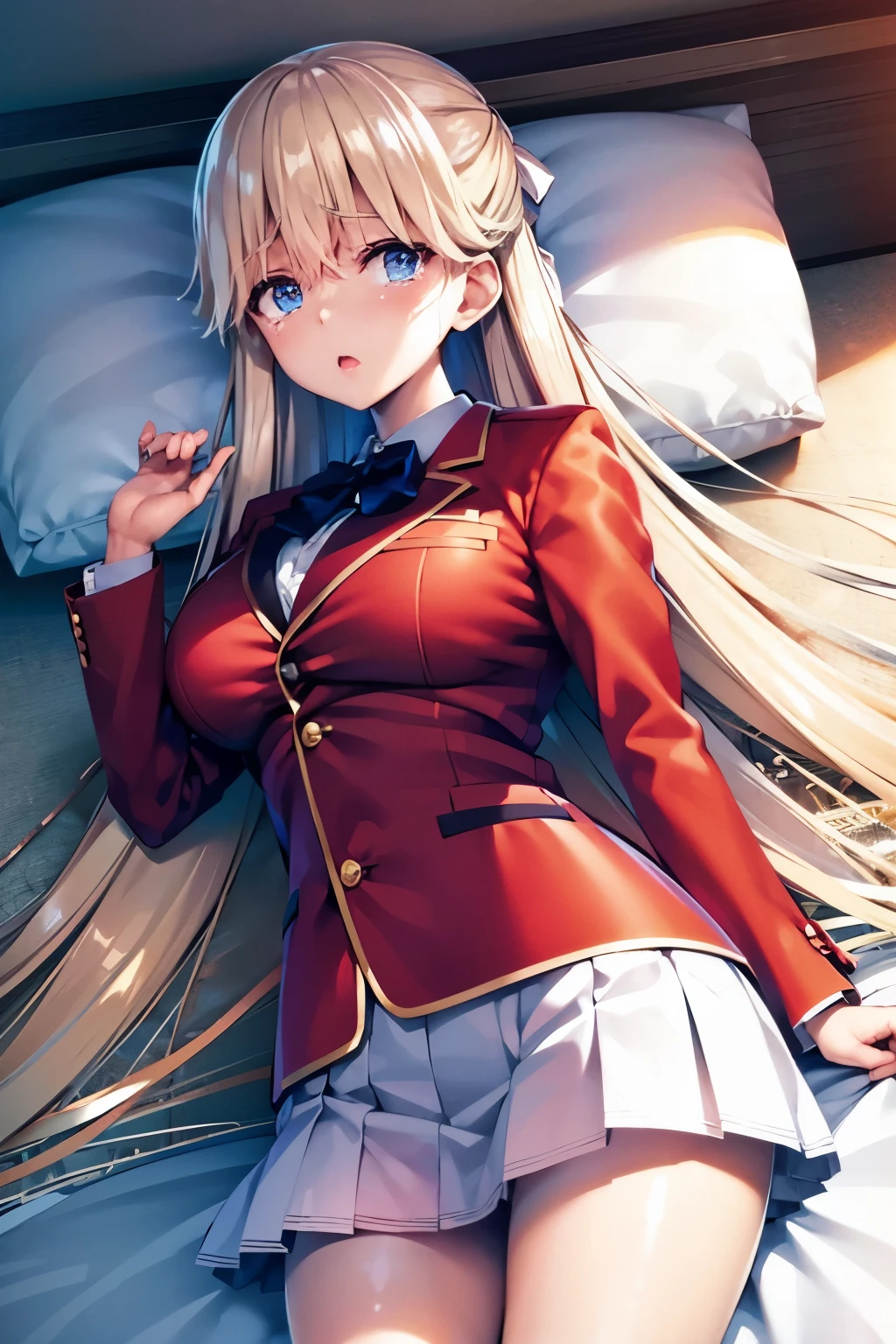 vmasterpiece, top-quality, highres, 1girl tsubasa nanase blonde hair blue eyes, school uniform red jacket white shirt white skirt white ribbon 、looking at the viewers,BREAK (masutepiece:1.2), Best Quality, High resolution, Unity 8k壁纸, (Illustration:0.8), (Beautiful detailed eyes:1.6), extra detailed face, Perfect Lighting, extremely details CG, (Perfect hands, Perfect Anatomy), (Crying face:1.3)、 NSFW,Normal bit,(Missionary position),Lying in bed,bird’s eye view),(Spread legs),(Sleep on your back:1.5),(Girl trembling with sexual climax)