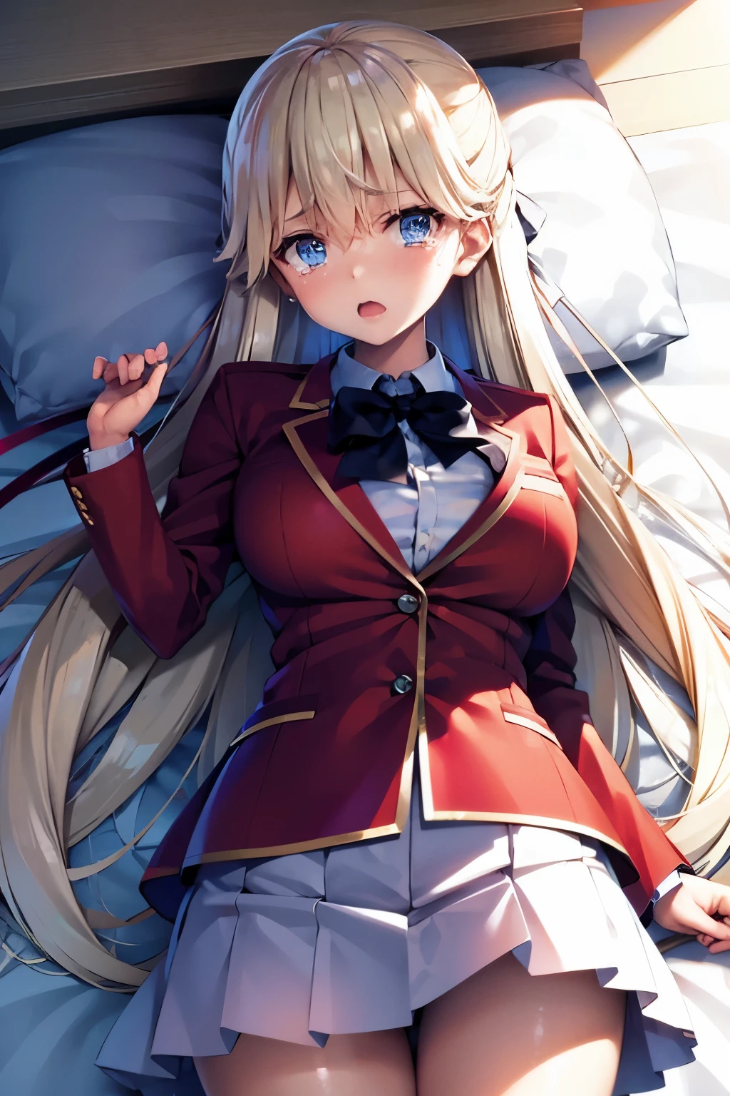 vmasterpiece, top-quality, highres, 1girl tsubasa nanase blonde hair blue eyes, school uniform red jacket white shirt white skirt white ribbon 、looking at the viewers,BREAK (masutepiece:1.2), Best Quality, High resolution, Unity 8k壁纸, (Illustration:0.8), (Beautiful detailed eyes:1.6), extra detailed face, Perfect Lighting, extremely details CG, (Perfect hands, Perfect Anatomy), (Crying face:1.3)、 NSFW,Normal bit,(Missionary position),Lying in bed,bird’s eye view),(Spread legs),(Sleep on your back:1.5),(Girl trembling with sexual climax)