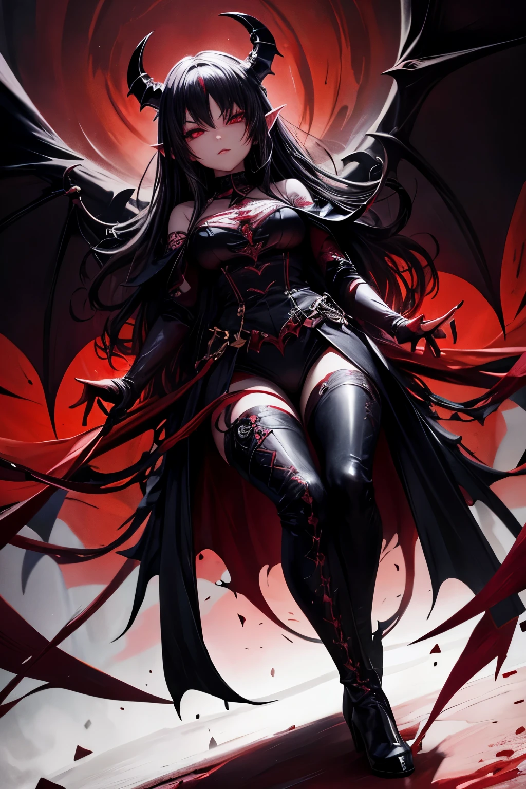 black, crimson, blood, demon, women, bad, queen, very high quality, very high detail, high quality eyes, full body