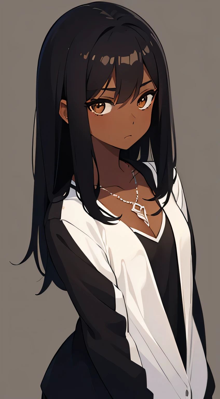 Anime girl with long black hair and white shirt and necklace - SeaArt AI