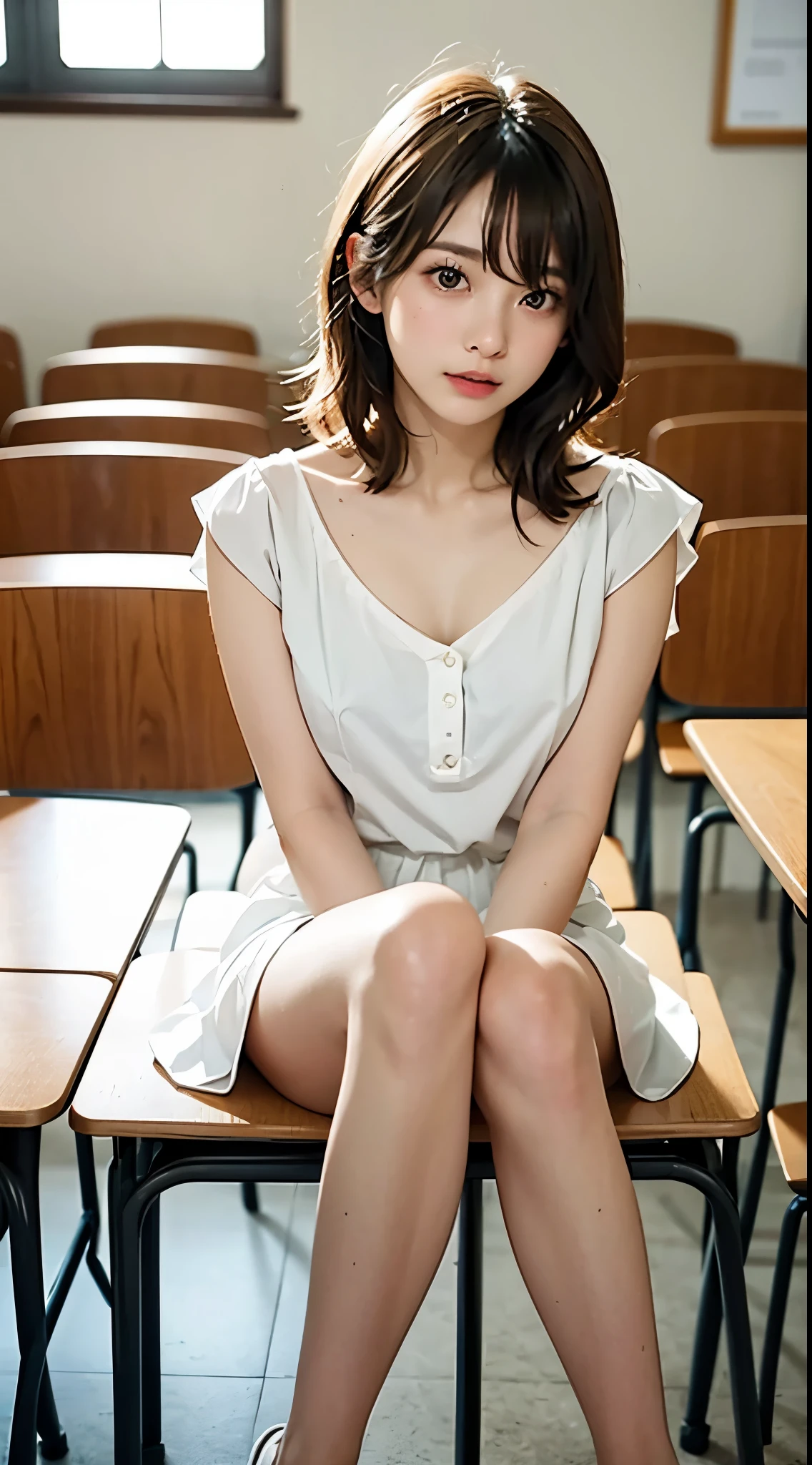 (masterpiece:1.2), Very detailed, Ultra-high resolution, (Realistic, photo Realistic:1.6), High-resolution RAW color photos, Professional photos, Sharp focus:1.2, (Very detailed顔と肌の質感, Very beautiful eyes, Glossのある肌, Glowing Skin, Glowing Skin, Shining Face, Gloss, Oily skin, greasy face, Oily skin, greasy face,),, (real Glossのある肌 texture), Perfect Anatomy, Very detailed背景,(High school classroom at night),1 female,25-year-old woman, Japanese women,Height: 168cm,(short hair, Straight hair, bangs, Brown Hair),((Flat Chest:1.6)),(Slim, thin legs), ((((Sleeveless tight knit mini skirt dress))),(Sit on your desk with your knees upright:1.4),From the side:1.4