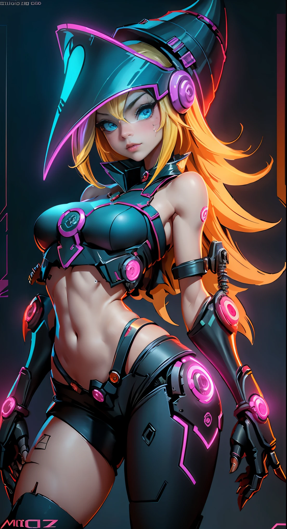 Dark magician gils. cuerpo mecanico sanguijuela，Chica de bits，caricaturesco，Q Version，robotic arm，Trazado de rayos，CG，neon light