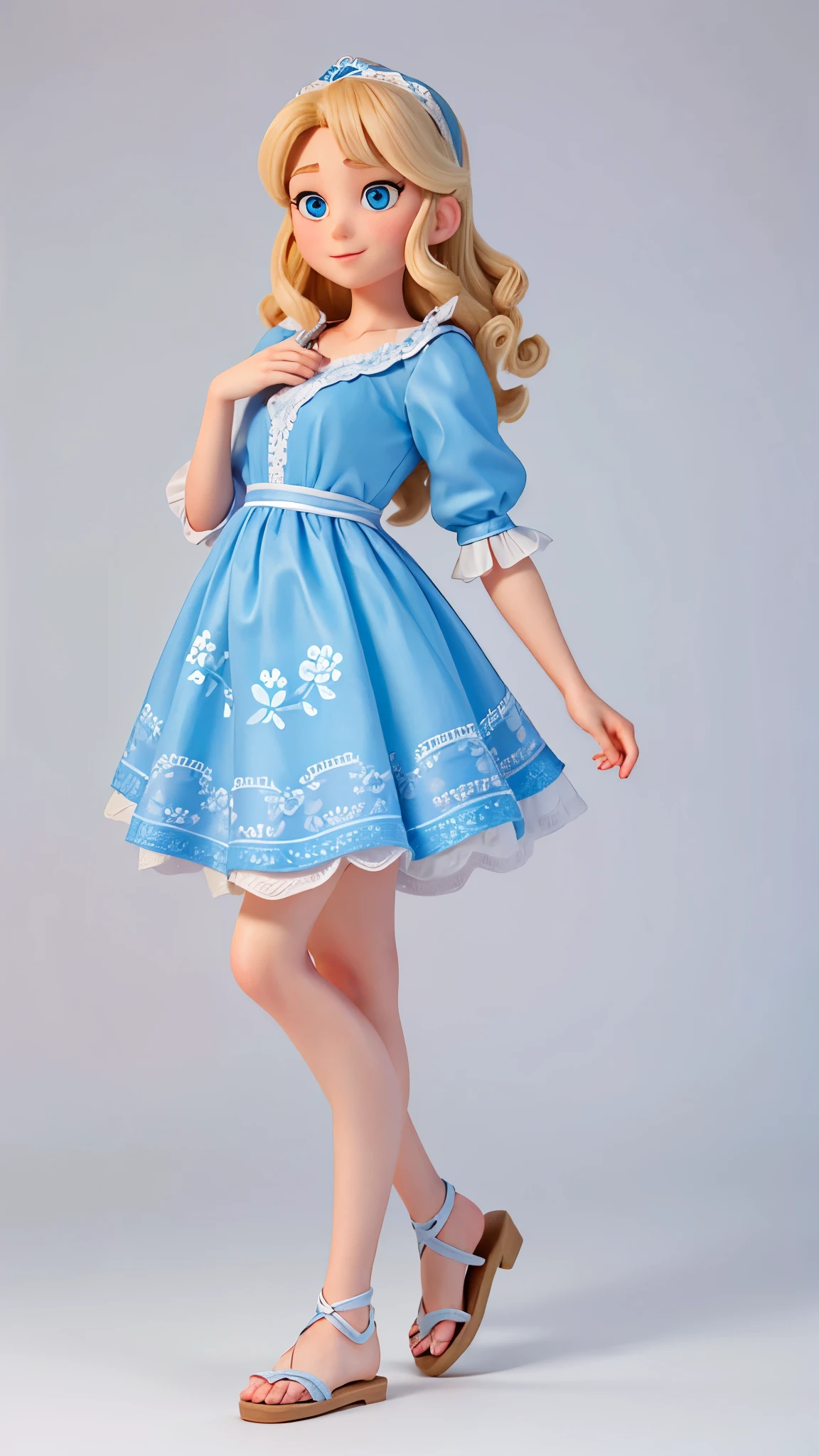 an alone happy and beautiful adult (20 years old) woman called Cinderella: big blue eyes, white skin, medium-length blond curly hair, small hands, small feet, adorable face, 5.6 feet height; she is wearing: a blue Floral Peasant Sleeve Dress; gray sandals; show head, show feet; high-quality photo, cartoon style hand drawing, full body, far from the camera, white background