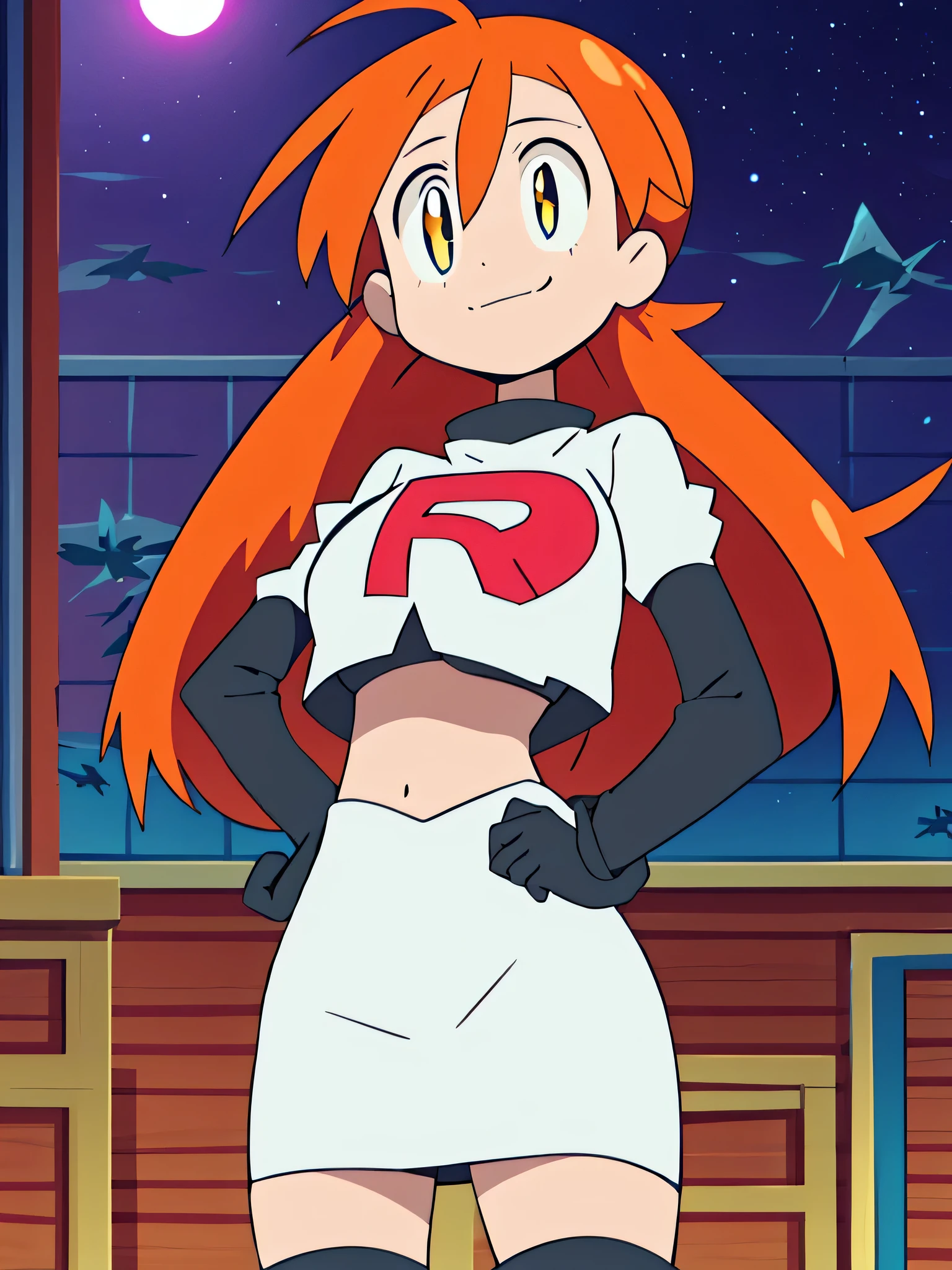 (1girl in:1.2), (Solo:1.2) , Brilliant Textured Work, top-quality, , , , 6 year old, black crop top tee, orange layered skirt, black spiky boots, black spiky wristbands, spiky choker, (orange hair:1.1), short hair, wavy hair, (violet eyes:1.1), shiny hair, evil smile, standing, contrapposto, hand on hip, Evil Female Executive, villainess, Evil Fall, darkness, Downtown at night, Concrete roads, large breasts, (empty eyes:1.5), (Forcibly fitted gem:1.2), corrupted gem , eyeball gem, (cracked gem:1.2), curse seal, (parasite eroded gem:1.1), Heart-shaped tattoo on the lower abdomen, eroded, bat wings, open mouth, large fang, full moon, red moon, huge ahoge,8k, anime screencap,1girl in, (solo:1.1), (perfect body:1.1), (best quality:1.1), very large breast, team rocket uniform, red letter r, white skirt,white crop top,black thigh-high boots, black elbow gloves, evil smile, looking down at viewer, hands on hips,zettai ryouiki, cowboy shot,