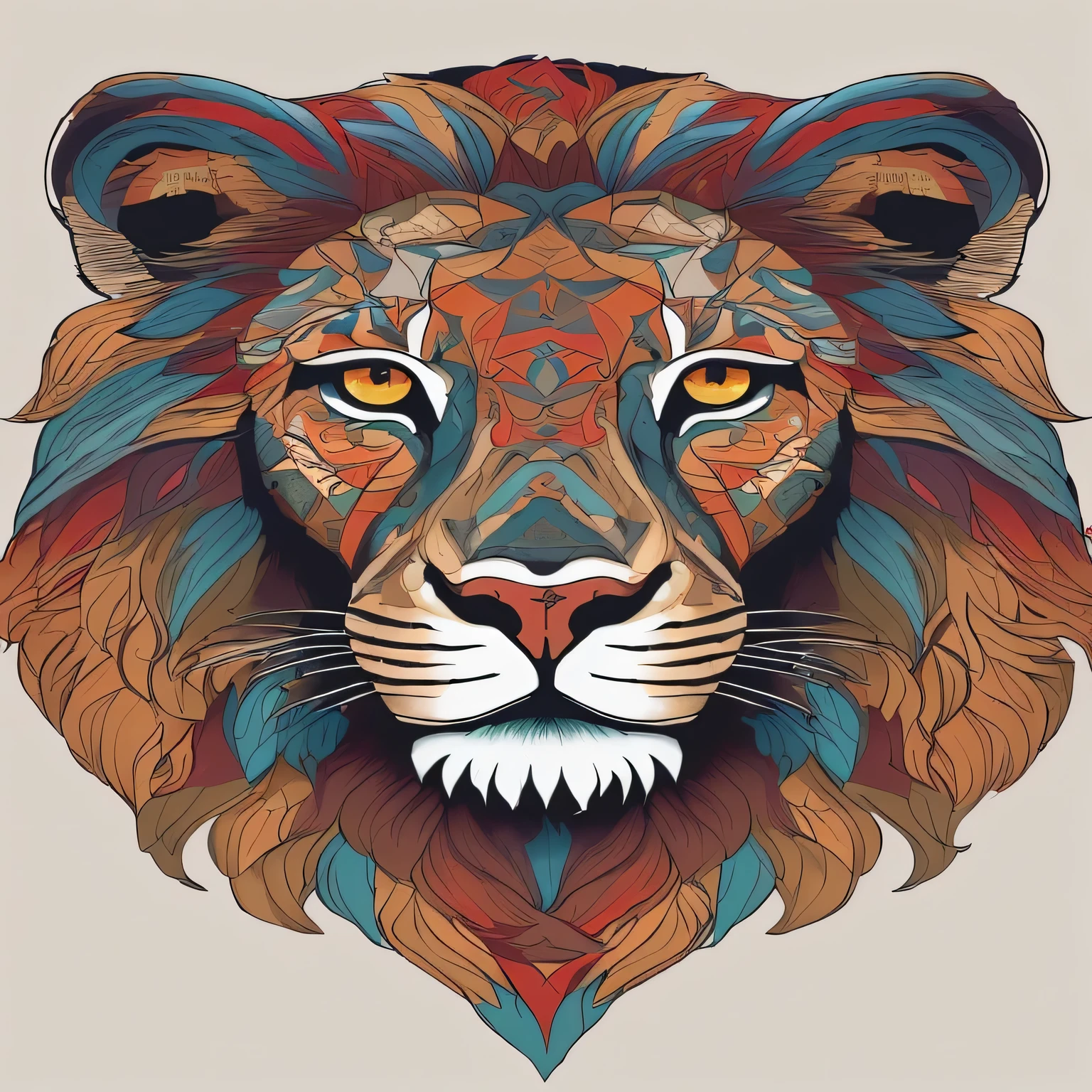 a close-up of a lion'head with a colorful pattern, lion head, half lion, arte vetorial altamente detalhada, arte detalhada em cores, third lion head, altamente intrincado e colorido, 2D full-body lion, foto de animal de arte digital, fierce expression 4k, amazing wallpaper, Arte digital detalhada em 4k, arte do Adobe Illustrator, with a lion'it's mane