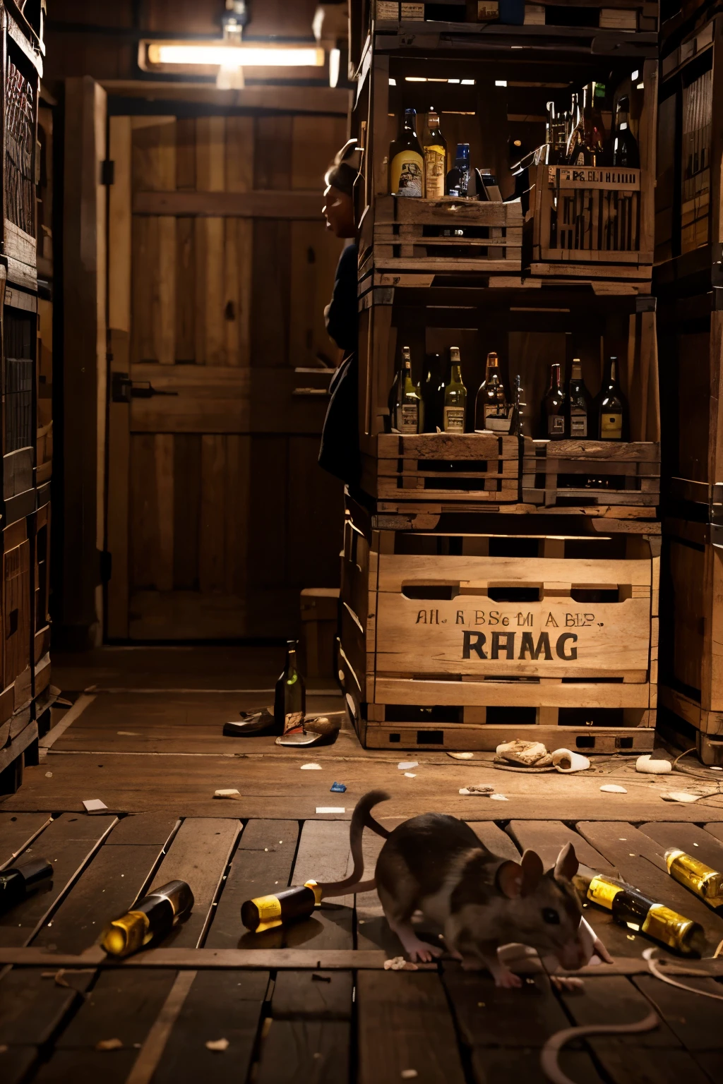 mice dencing in a sawer in front of a sound system with beer crates and wine bottles