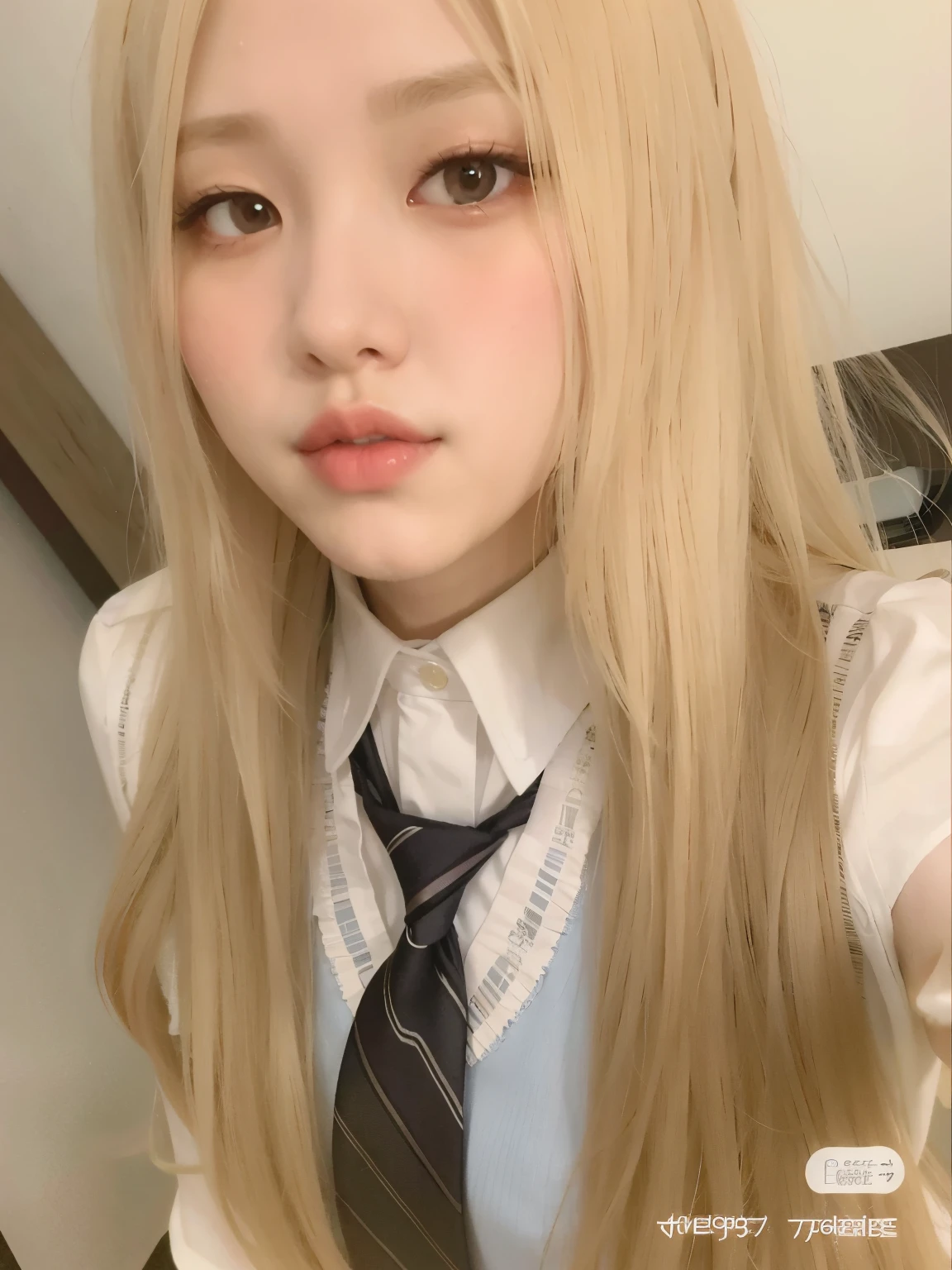 blonde haired girl with long hair wearing a tie and a white shirt, roseanne park of blackpink, with long blond hair, ulzzang, shikamimi, jaeyeon nam, lalisa manoban of blackpink, with white long hair, lalisa manobal, a hyperrealistic , very very pale blond hair, with long white hair, korean girl