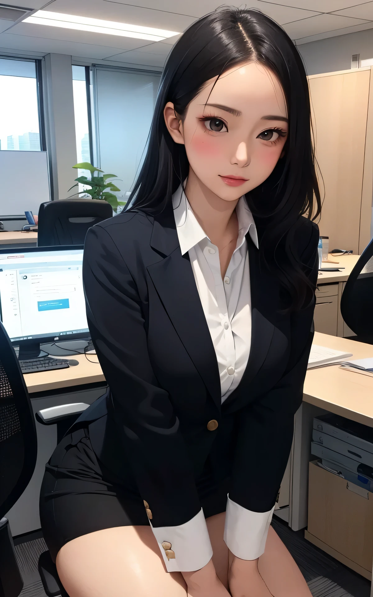 absurderes:2.0、(Blushing、sit in an office chair、from side, bent over:1.2、blunt bang)、japanese actress、cowboy shot、solo, 25 year old woman、realistic, Unity 8K Wallpaper, Masterpiece, Realistic face, Realistic skin feeling ,detailed hair, highly detailed, realistic glistening skin, light makeup, ((suit skirt:1.3、suit jacket:1.3, curvy, black eyes、))、(In the modern office:1.2)、