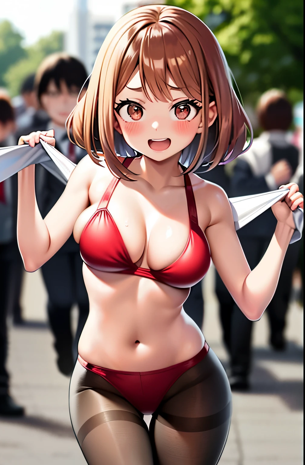 horikoshi kouhei, 1girl, :d, nonsense, arms behind back, bangs, blush, boku no hero academia, breasts, brown eyes, brown hair, fengling (furin-jp), highres, looking at the viewer, medium breasts, open mouth, pantyhose, bikini, short hair, sidelocks, smile, solo, standing, Uraraka ochako, red of shame, in public, small red bikini, micro bikini, walking in public, surrounded by people, micro-bikini, (grabbing breasts:1.5),(( bikini falling)), paying tits, wardrobe malfunction, ((bikini untying)), not noticing the bikini untie,