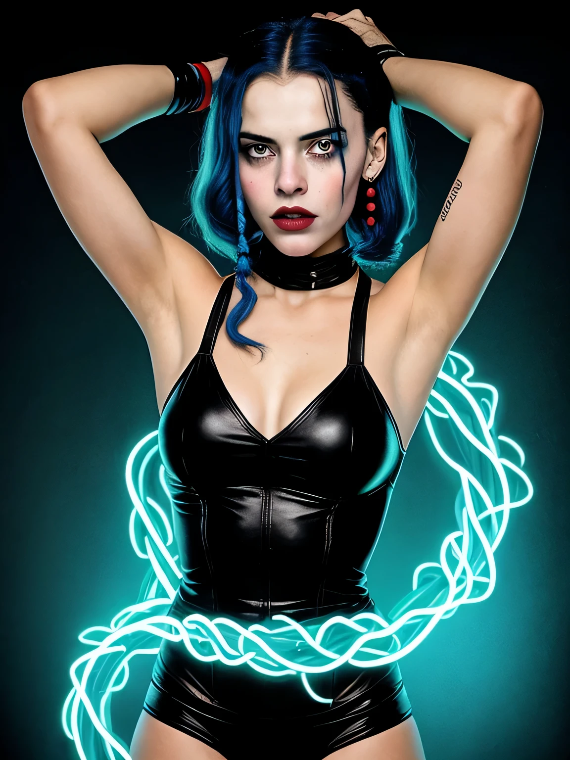 Retrato de uma garota loira linda (with red and blue suicide squad makeup) linda de 16 anos brava, nervosa, bad girl, petit teen, Serious, malvada, brava, irritada, cara de mau, bela brasileira, in sensual position, em um vestido de couro preto sensual, using black gloves on hands, hands at chin height, she stretches her hand high, She raises her hands above her head in celebration, bunda grande perfeita, nua, coxas grossas e fortes, with braided hair beautiful eyes, olhos azuis brilhantes, olhar sensual,  pele extremamente detalhada, pele com sardas, bota de salto alto brilhante, calcinha transparente, usando top curta brilhante, em sala fechada, She is in a private environment with a wall with black metal tiles, ( discoteca escura,  luz escura e neon, mal-humorada: 1.2), (foto de corpo inteiro).