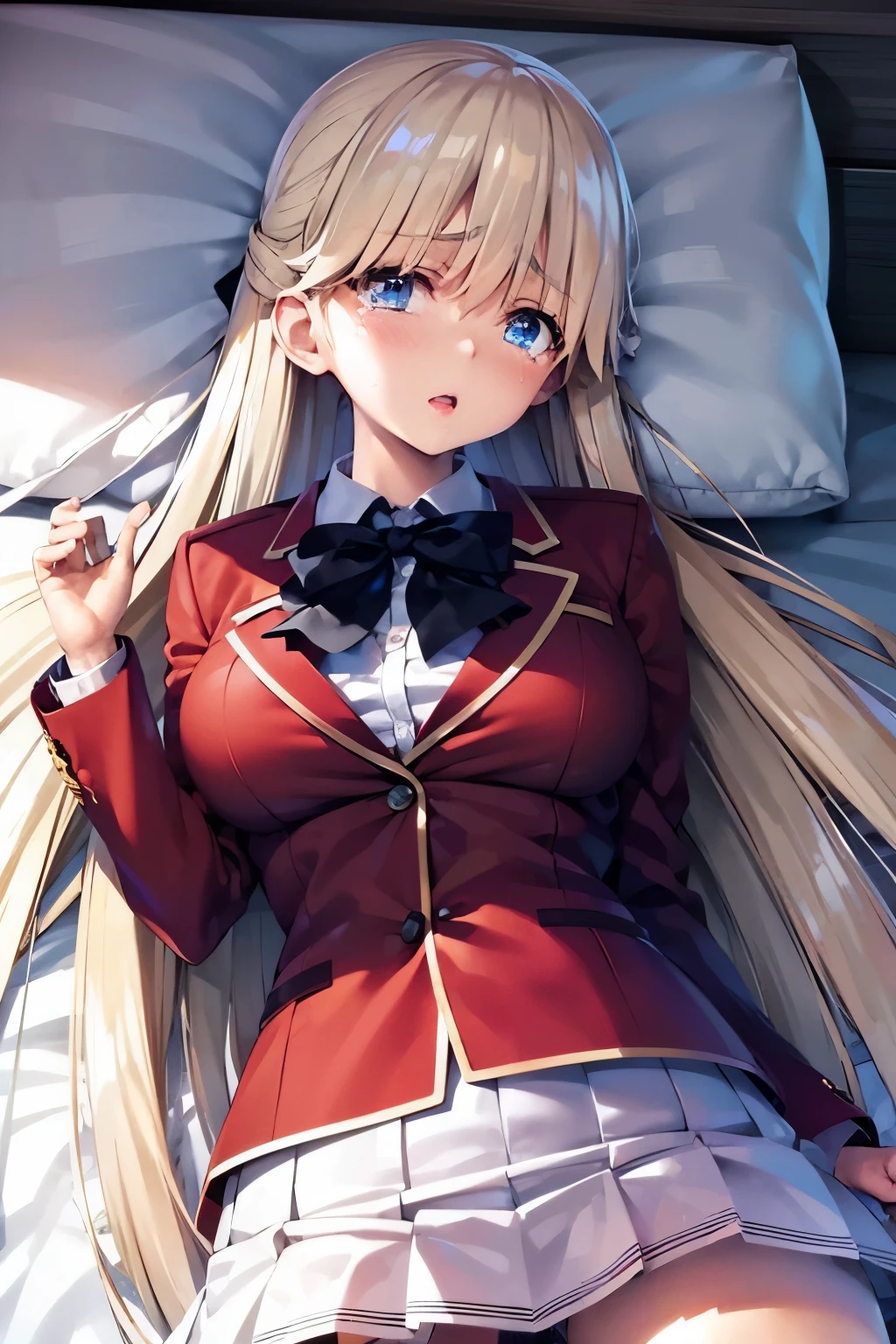 vmasterpiece, top-quality, highres, 1girl tsubasa nanase blonde hair blue eyes, school uniform red jacket white shirt white skirt white ribbon 、looking at the viewers,BREAK (masutepiece:1.2), Best Quality, High resolution, Unity 8k壁纸, (Illustration:0.8), (Beautiful detailed eyes:1.6), extra detailed face, Perfect Lighting, extremely details CG, (Perfect hands, Perfect Anatomy), (Crying face:1.3)、 NSFW,Normal bit,(Missionary position),Lying in bed,bird’s eye view),(Spread legs),(Sleep on your back:1.5),(Girl trembling with sexual climax)