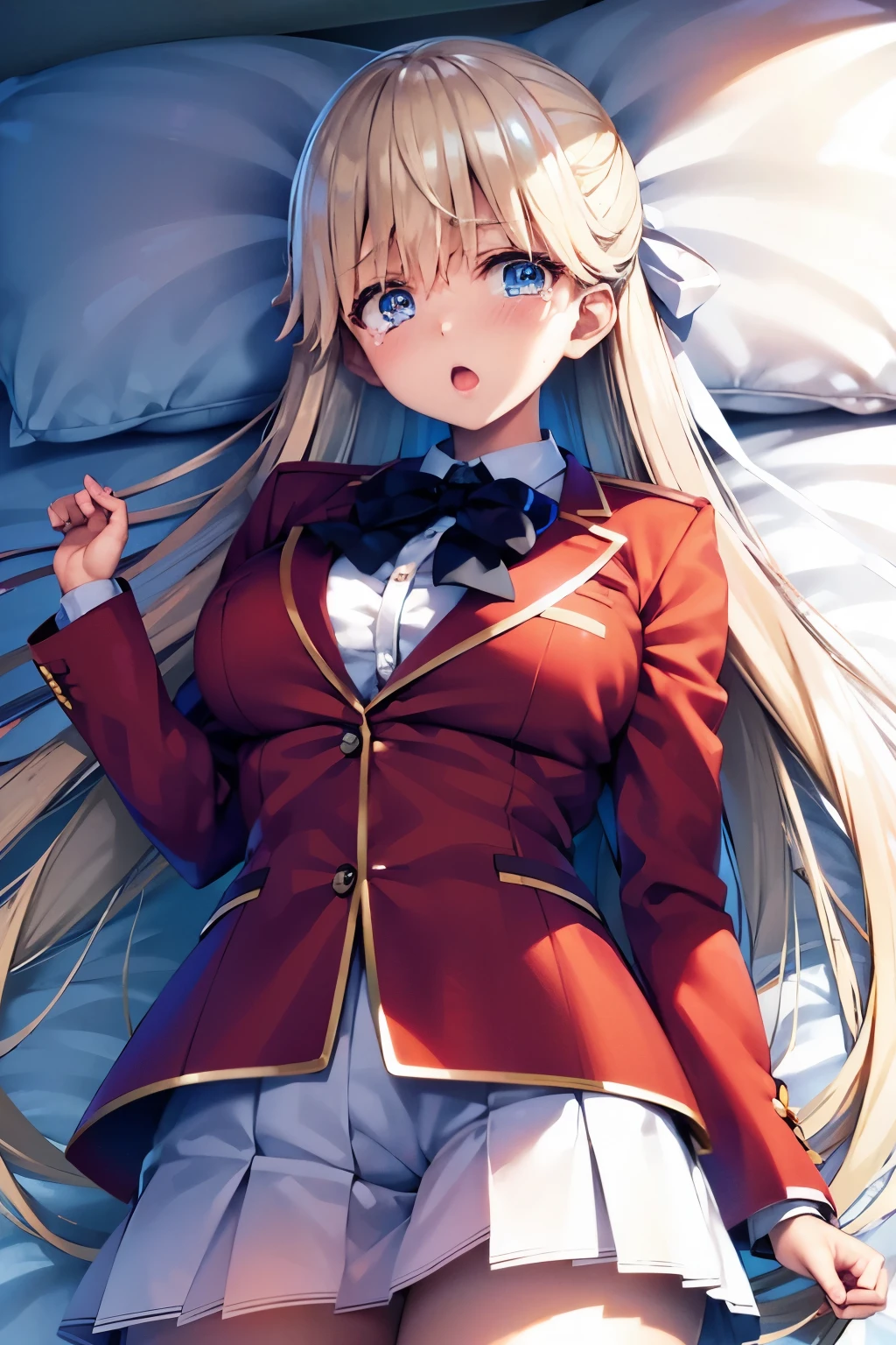 vmasterpiece, top-quality, highres, 1girl tsubasa nanase blonde hair blue eyes, school uniform red jacket white shirt white skirt white ribbon 、looking at the viewers,BREAK (masutepiece:1.2), Best Quality, High resolution, Unity 8k壁纸, (Illustration:0.8), (Beautiful detailed eyes:1.6), extra detailed face, Perfect Lighting, extremely details CG, (Perfect hands, Perfect Anatomy), (Crying face:1.3)、 NSFW,Normal bit,(Missionary position),Lying in bed,bird’s eye view),(Spread legs),(Sleep on your back:1.5),(Girl trembling with sexual climax)