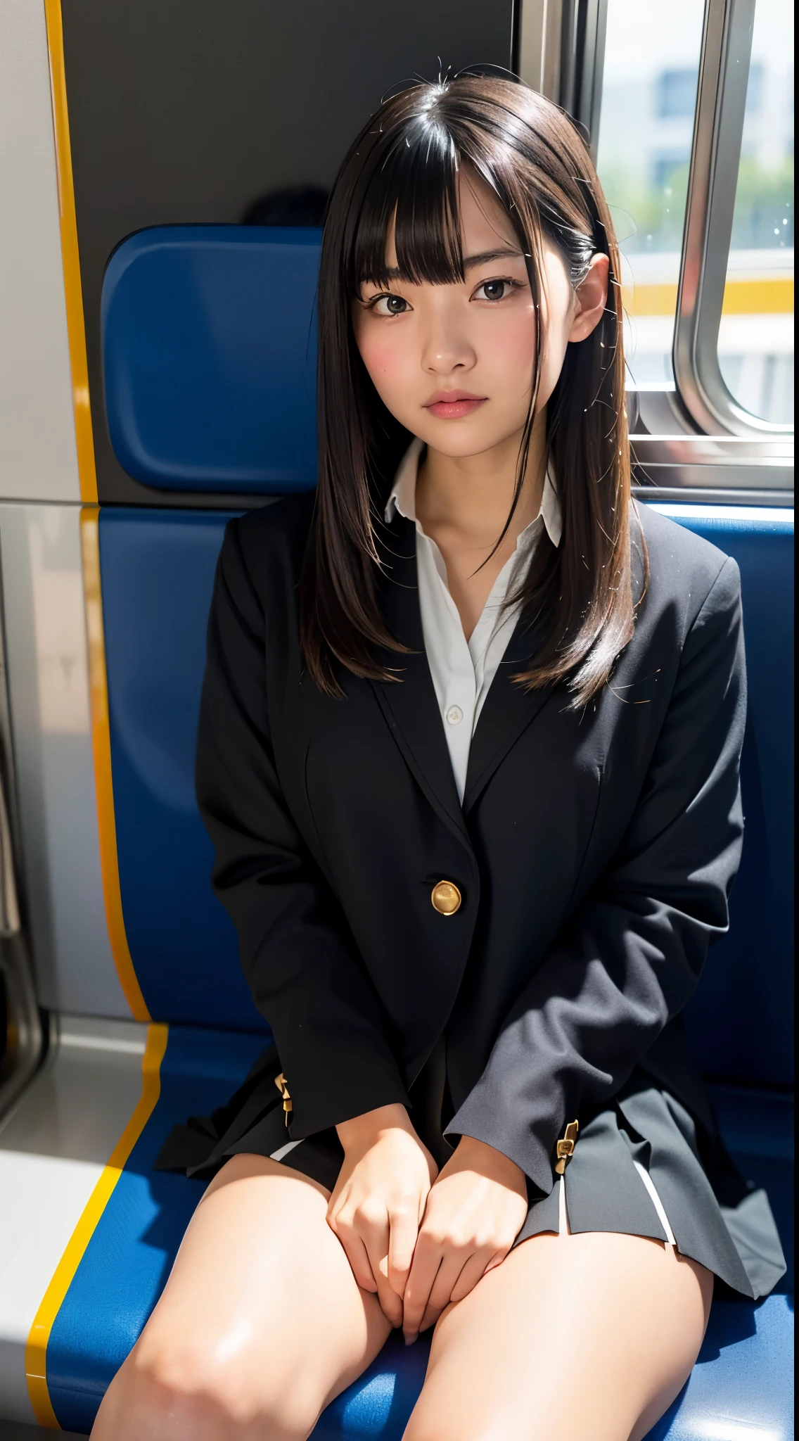 "(masterpiece, High resolution, Ultra High resolution, 4K) black hair, Japan girl , uniform skirt, emphasizing thighs, white thighs, soft thighs, Gorgeous thighs, Sitting on the train, face to face angle, (angle from below),sitting on a train seat,sitting in front,Crotch zoom camera,Put your feet on the train floor,whole body,Sleepy looking down,only looking at the viewer", highest quality, 超High resolution, (realistic:1.4),, High resolution, detailed, RAW photo, Shapuri, Nikon D850 Film Stock Photo by Lee Jefferies 4 Kodak Portra 400 Camera F1.6 lens rich colors hyper realistic lively textures dramatic lighting unreal engine artstation trends cinestir 800,