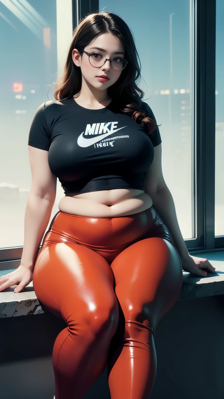 araffe woman in red leather pants and black t-shirt sitting on a window sill, thicc, alluring plus sized model, thick body, hyperrealistic full figure, bbwchan, she has a jiggly fat round belly, beautiful thick female, , curvy model, some red, heavy looking, , skinny waist and thick hips, view full body , cold atmosphere , smooth vibes, high contrast, nike sneakers , chubby , glasses