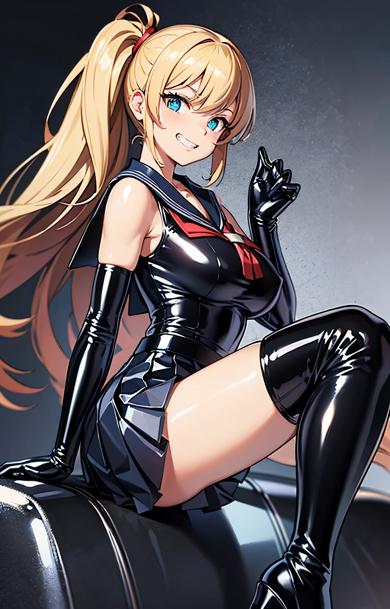 top-quality、realistic touch,high-detail、photoRealstic、long body、thin-waist、captive beauty、big eye、Strong platinum blonde eyelashes、platinum-blond、full body Esbian、Sparkling eyes、Submissive smile、Flushed cheeks、Kamimei、thin-waist、Voluptuous thighs、Enraptured look、Raked bangs、The forehead is protruding、a sailor suit、sleeveless、Inside a room、Put your hands behind your head and squat down with your legs wide apart、camel's toe、13yo girl、pony tail hairstyle、black rubbersuit