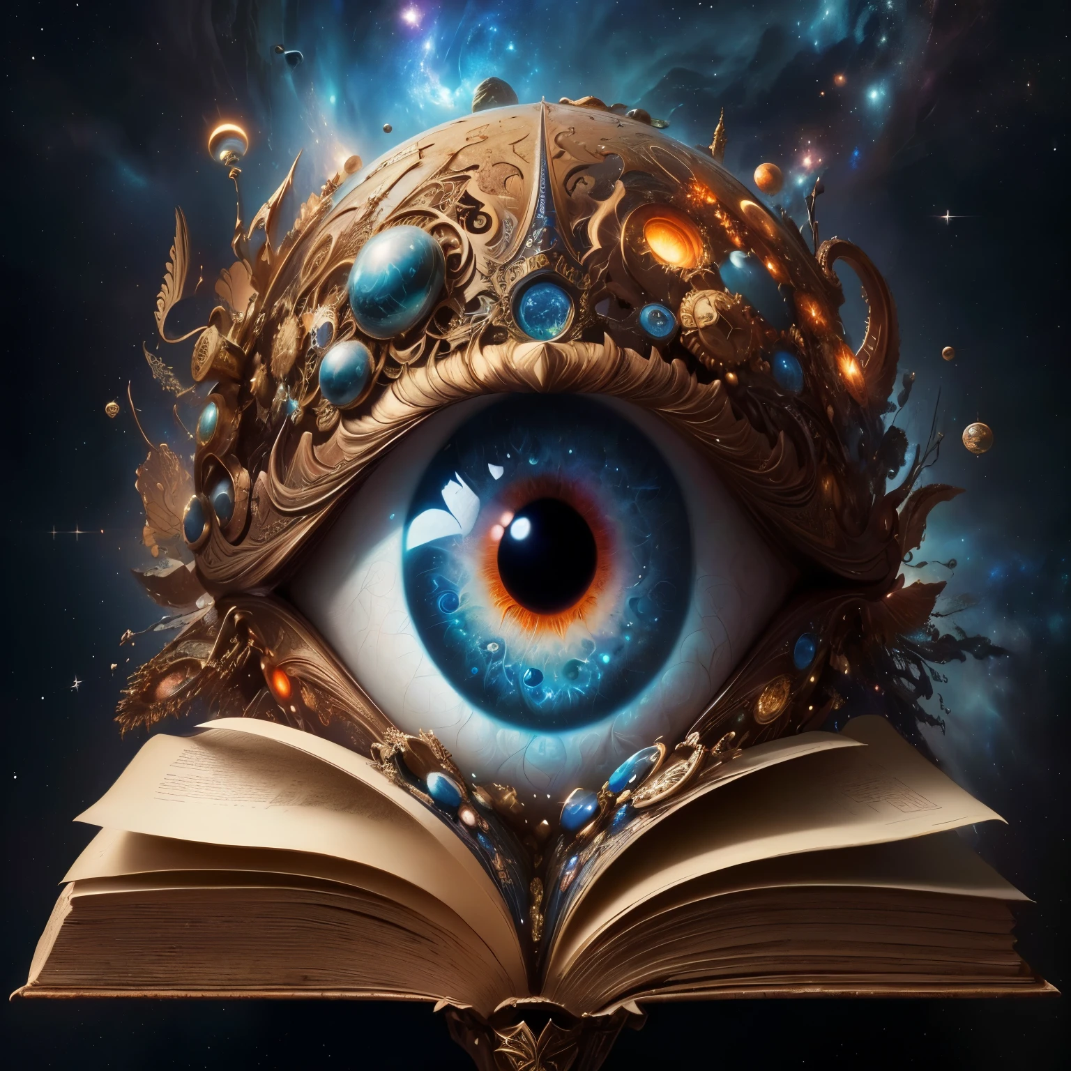 uma imagem de um livro com a imagem de um olho humano, science fantasy painting, fantasy book illustration, epic surrealism oil painting 8k, hyper - detailed visionary art, hyper detailed visionary art, highly detailed visionary art, surrealismo de fantasia, arte de fantasia hiperrealista, Surrealismo 4k, arte surreal e fantasia, biblioteca celestial infinita, uploaded space library art