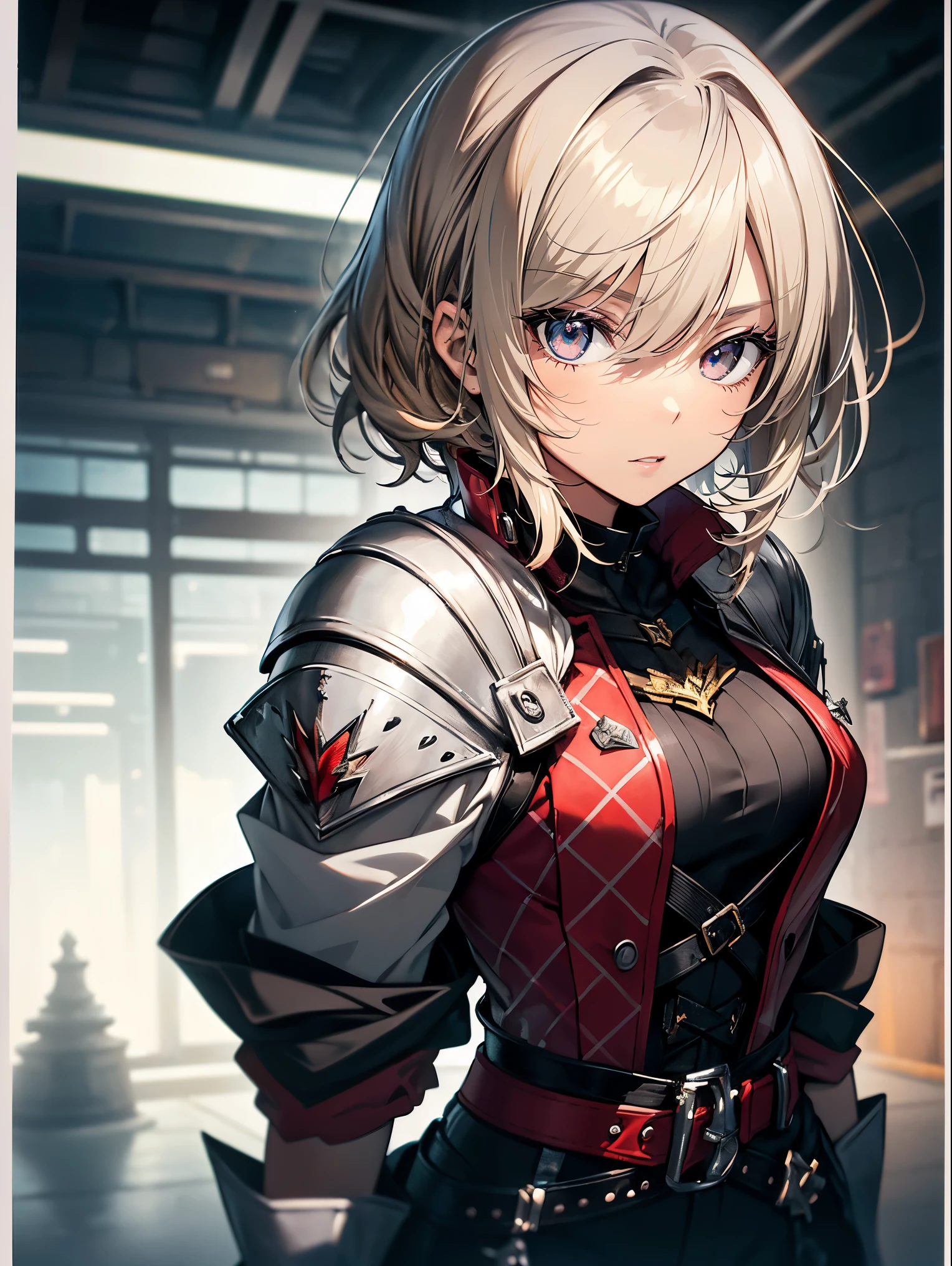 high quality, High resolution, super detailed, High level image quality, high quality, anime illustration, (Beautiful detailed eyes: 1.2), detailed eye description, (small eyes and small face:1.3), (Highly detailed CG, best shadow:1.1), depth of field and blur, (perfect details: 1.1) , digital illustration, エナメルart, center, watercolor painting, artステーション, コンセプトart, character sheet, lightning wave, 美しいアニメwatercolor painting, Bright colors, sharp focus, art::Kim Hyun Tae, small details, intricate details, High leg, big breasts, huge ass、curvaceous body, detailed eye description, Bright colors, sharp focus, realistic skin texture、whip body,short cut hairstyle, (blonde) hair color, (black) eye shadow, () lip color, (red) and (black) plaid corset, (black) leather pants, (black) Knee-high boots, When it comes to accessories (Silver) sword, (Money) belt bag, (red) cape, The background is (white) and (Money) luxury castle, confront the soldiers (green) and (Silver) armor.
