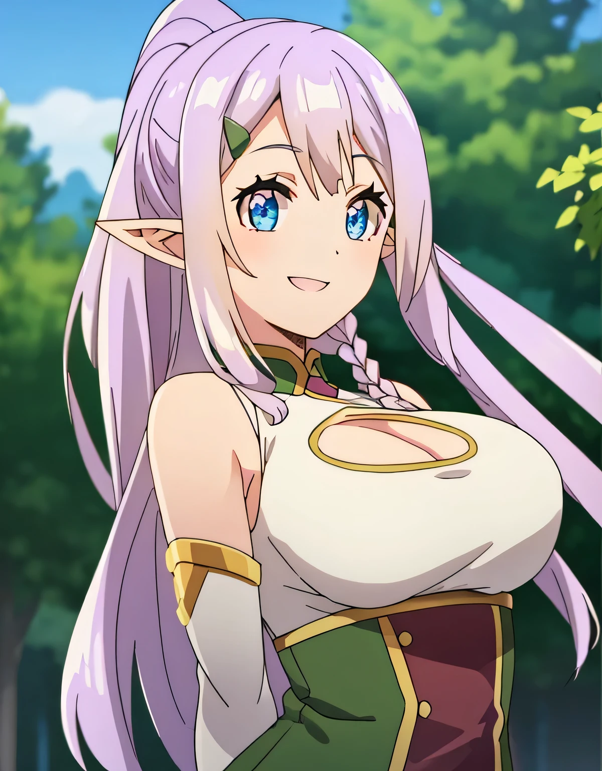 ria,purple hair, long hair, ponytail, blue eyes, pointed ears, hairclip, side blade,green one piece, cleavage cutout, No sleeve, gold trim,belt,(big breasts:1.5),shiny,hair,((alone)),((masterpiece)),((highest quality)),perfect anatomy,slim waist,perfect image,8K UHD,(beautiful and fine eyes:1.3),highly detailed face,Are standing,(Upper body:1.1),(look ahead:1.1),back arm,super detailed,disorganized,High resolution,smile,outdoor,