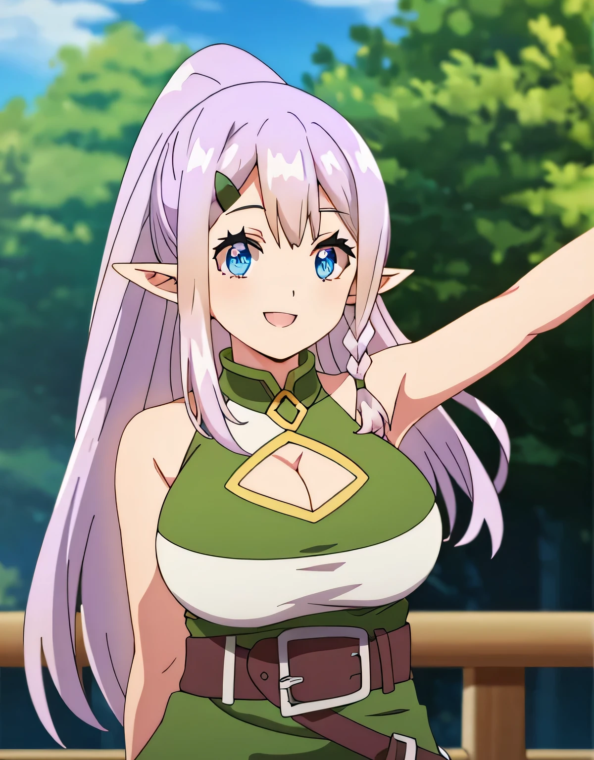 ria,purple hair, long hair, ponytail, blue eyes, pointed ears, hairclip, side blade,green one piece, cleavage cutout, No sleeve, gold trim,belt,(big breasts:1.5),shiny,hair,((alone)),((masterpiece)),((highest quality)),perfect anatomy,slim waist,perfect image,8K UHD,(beautiful and fine eyes:1.3),highly detailed face,Are standing,(Upper body:1.1),(look ahead:1.1),back arm,super detailed,disorganized,High resolution,smile,outdoor,