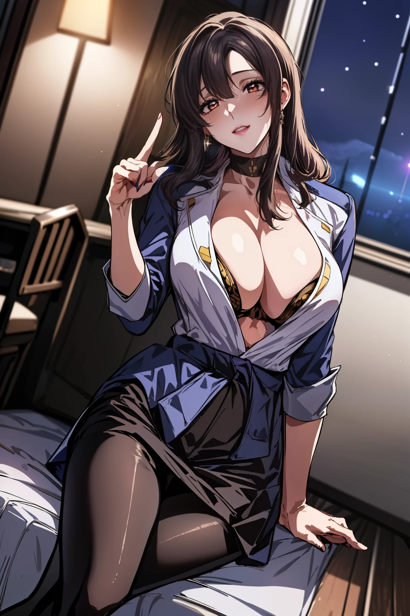 (night:1.7),Space Battleship,
sitting on white_armchairs,
military uniform, military,Jacket,blue and white uniform,skirt,
(black_pantyhose:1.3), 
前hair,茶color_hair, length_hair,Red eye,lipstick,compensate, 
1 girl,27 years old,woman,beautiful Finger,beautiful length legs,beautiful body,beautiful nose,beautiful character design, 完璧なeye, 完璧なface, Japanese,cosplay,
looking at the viewer, (innocent_big_eye:1.0),Charm,embarrassing, shy,軽い笑face,official art,Highly detailed CG Unity 8K wallpaper, perfect lighting, (table top:1.0),(Highest_quality:1.0), 超High resolution,4K,Super detailed, photograph, 8K, High resolution, absurd:1.2, kodak portrait 400, film grain, blurred background, Bokeh:1.2, Lens flare, (vibrant_color:1.2),(beautiful_face:1.5),(narrow_waist),(perfect hands, perfect anatomy),panty shot, blush