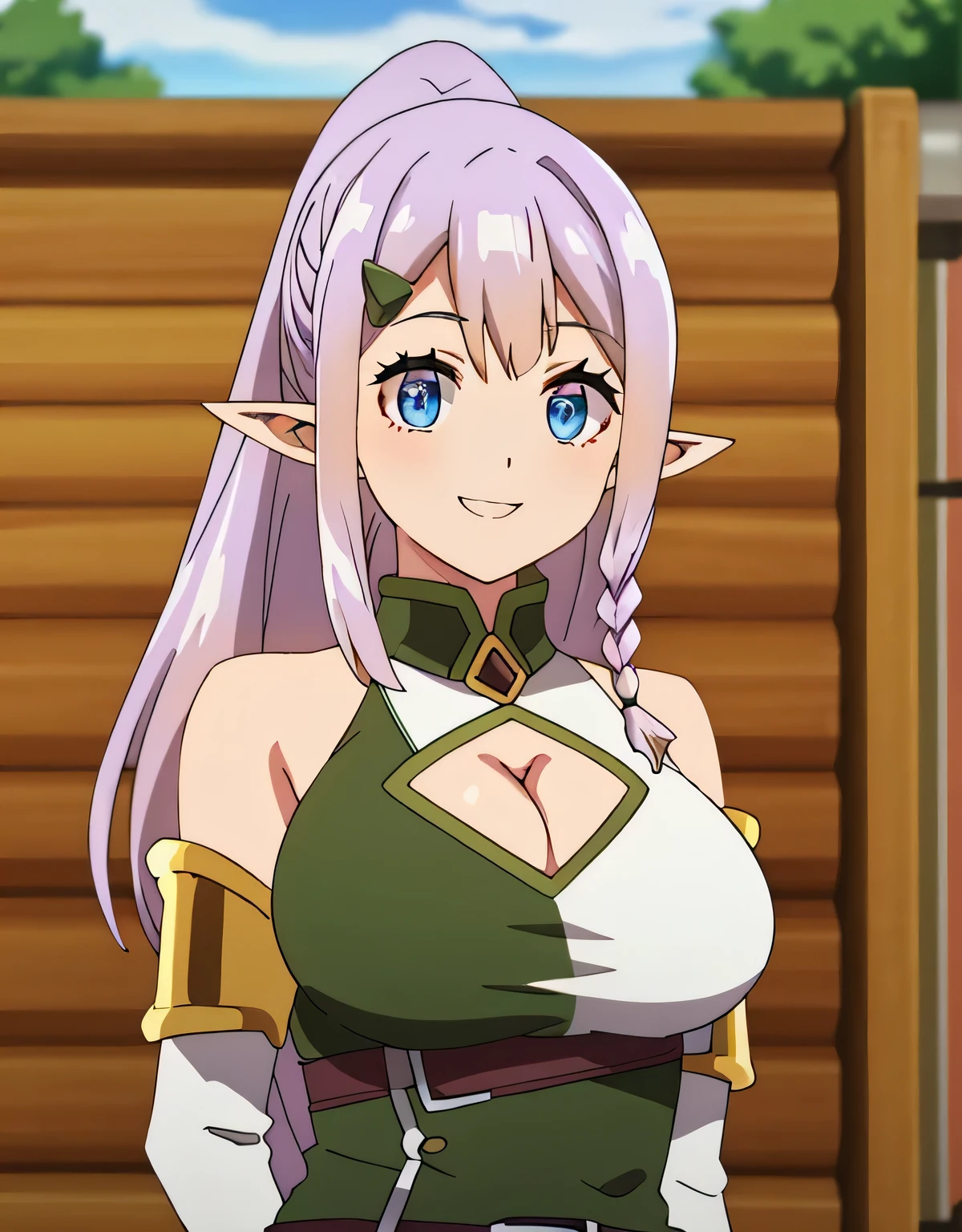 ria,purple hair, long hair, ponytail, blue eyes, pointed ears, hairclip, side blade,green one piece, cleavage cutout, No sleeve, gold trim,belt,(big breasts:1.5),shiny,hair,((alone)),((masterpiece)),((highest quality)),perfect anatomy,slim waist,perfect image,8K UHD,(beautiful and fine eyes:1.3),highly detailed face,Are standing,(Upper body:1.1),(look ahead:1.1),back arm,super detailed,disorganized,High resolution,smile,outdoor,