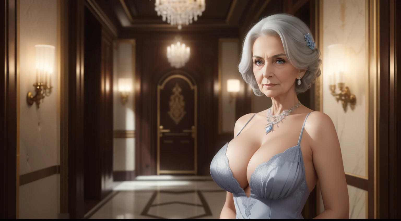 portrait of a 80-year-old woman with gray hair, seductive gaze, medium shortly old gray hair, blue eyes, a lot of wrinkles on her face, old woman, detailed wrinkles (8K, high resolution、The ultra quality,  An ultra-high picture quality、Ultrarealistic、Best Quality、masuter piece:1.2)(medium chest、Large cleavage:1.2) medium breasts are exposed、(Old women in Europe) beautiful evening dress, proper eye position,cinematic light, , soft light, hips, night time, soft moonlight, detailed background, clear background, milf, highly detail, 8k, luxury hotel corridor, clear background, president luxe hotel corridor background, ultra detailed background, detailed background, showing full body, full body, full body visible, perfect visible background