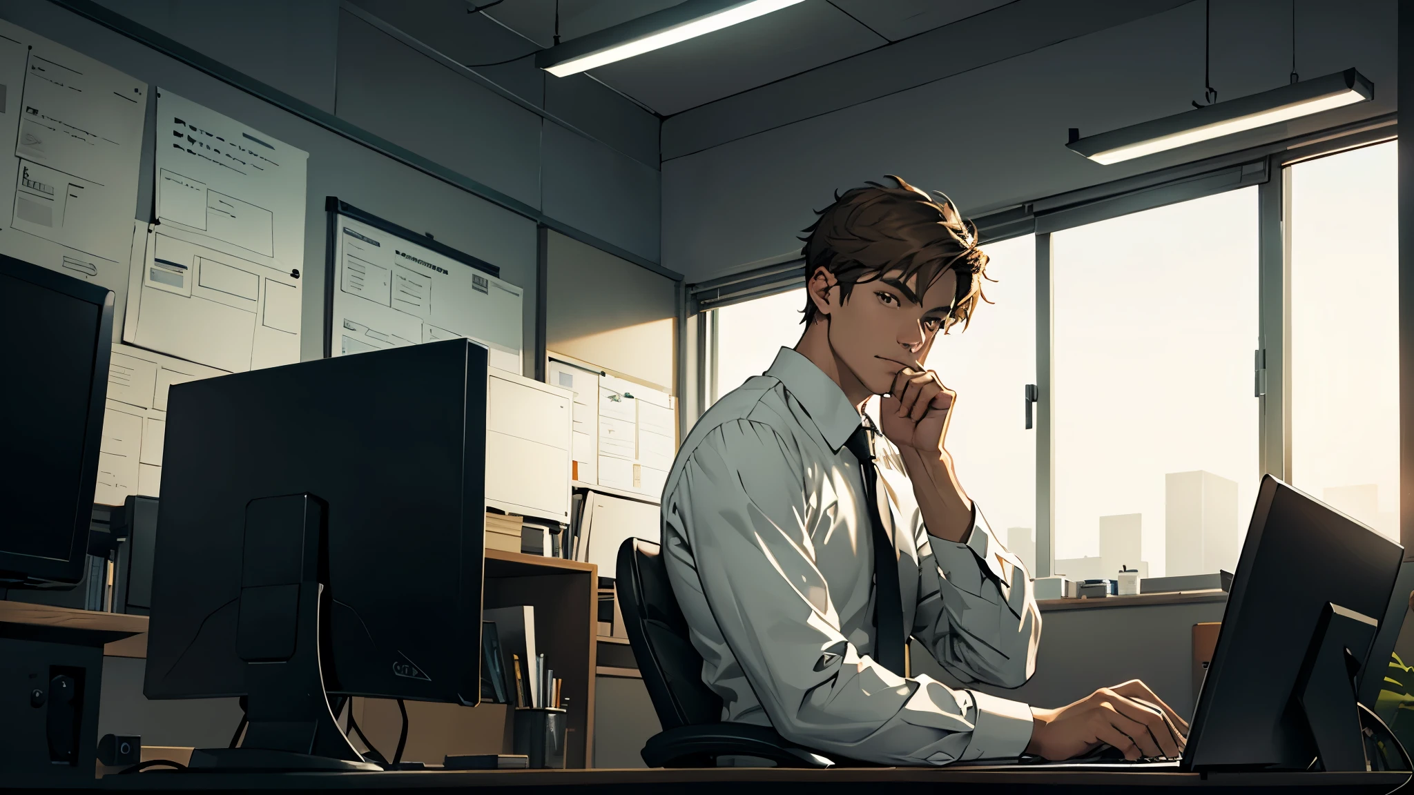 a man sitting in his office chair working on the computer, dark background, neutral colors