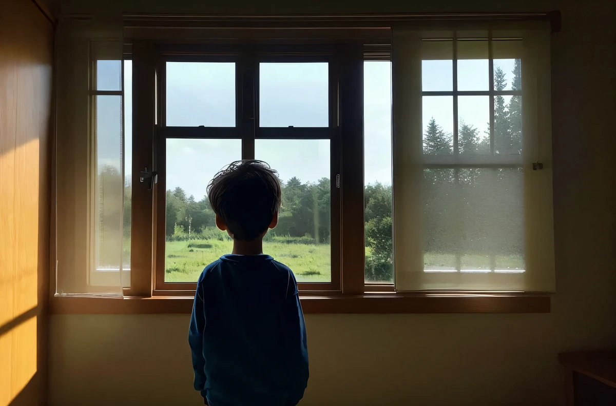 11Photo of a 1-year-old boy looking outside from inside his room。profile。Morning light shines into the room。