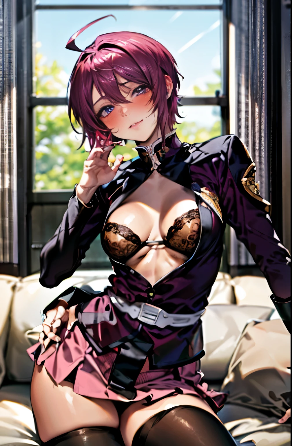 masterpiece, highest quality, High resolution, 1 girl, alone, pink skirt, uniform, short hair, Ahoge, black stockings, redhead, purple eyes, purple hair, long sleeve, blush, sexy pose, seductive pose, full shot, soft light in the studio, rim light, vivid details, super detail, realistic skin texture, details face, beautiful detailed eyes