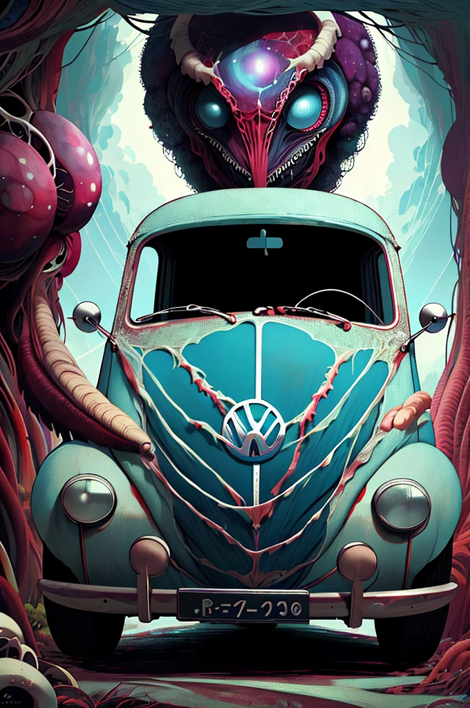 Volkswagen Fusca futurista preto em uma rodovia interdimensional. Cosmic horror setting with Lovecraftian monsters nearby, arte conceitual, fotografia de retrato, fantasia sombria, fotografia, cinemactic,