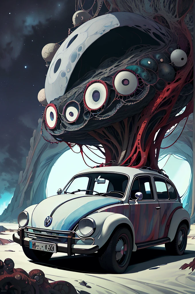 Volkswagen Fusca futurista preto em uma rodovia interdimensional. Cosmic horror setting with Lovecraftian monsters nearby, arte conceitual, fotografia de retrato, fantasia sombria, fotografia, cinemactic,