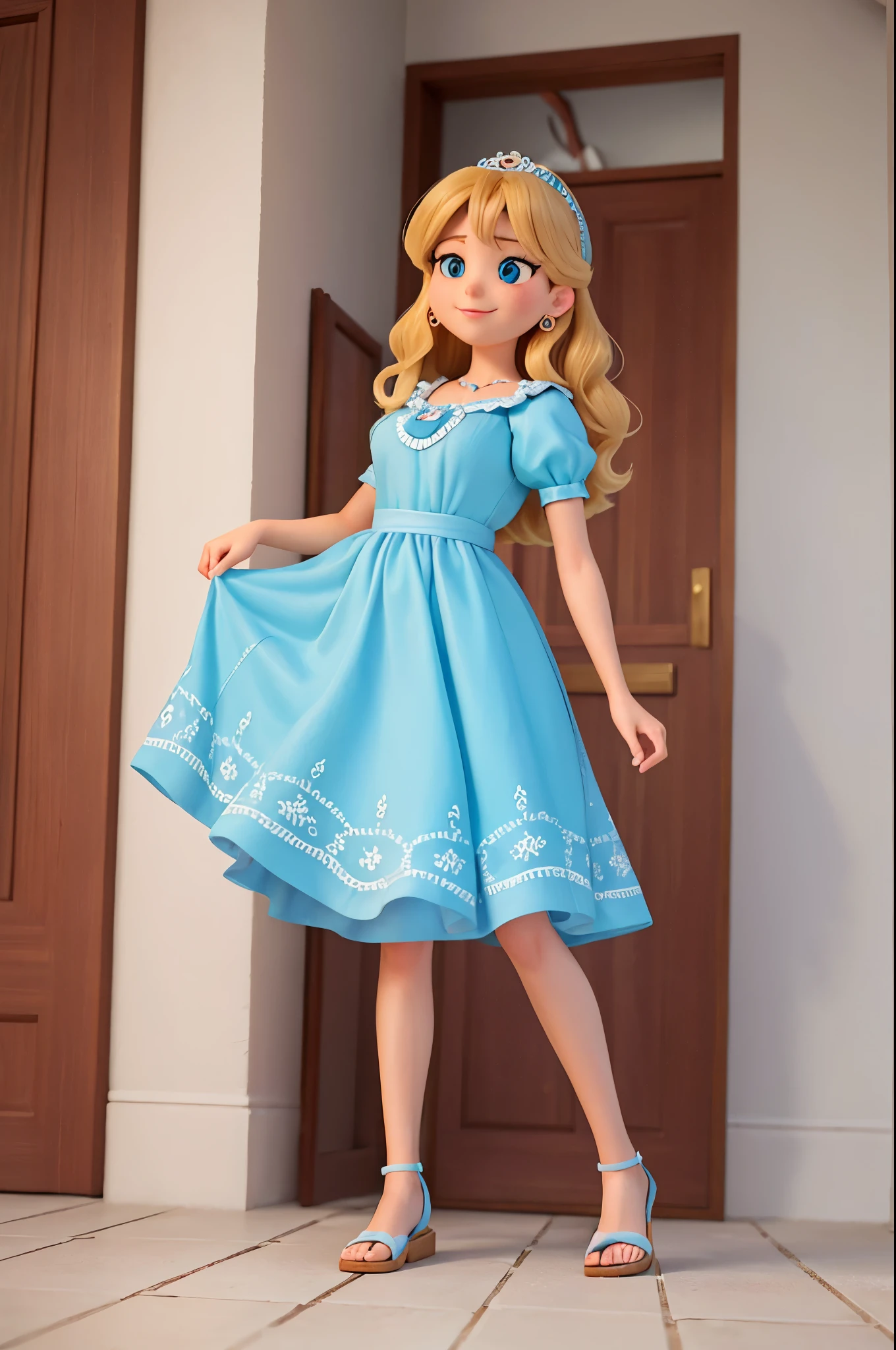 obra de arte, melhor qualidade, a happy and beautiful 25 year old adult woman named Cinderella looking at the camera: grandes olhos azuis, pele branca, medium length curly blonde hair, pernas longas e bonitas, medium butt, small hands , small feet, adorable face, Medium sized breasts, 5,6 feet tall; she is wearing: um vestido floral azul com manga camponesa; gray sandals; Show your head, Show your feet; foto de alta qualidade, hand drawing in cartoon style, corpo inteiro, away from the camera, textura natural da pele, texturas 4K, HDR, complexo, altamente detalhado, sharp focus, Cinematic Appearance, hiperdetalhado