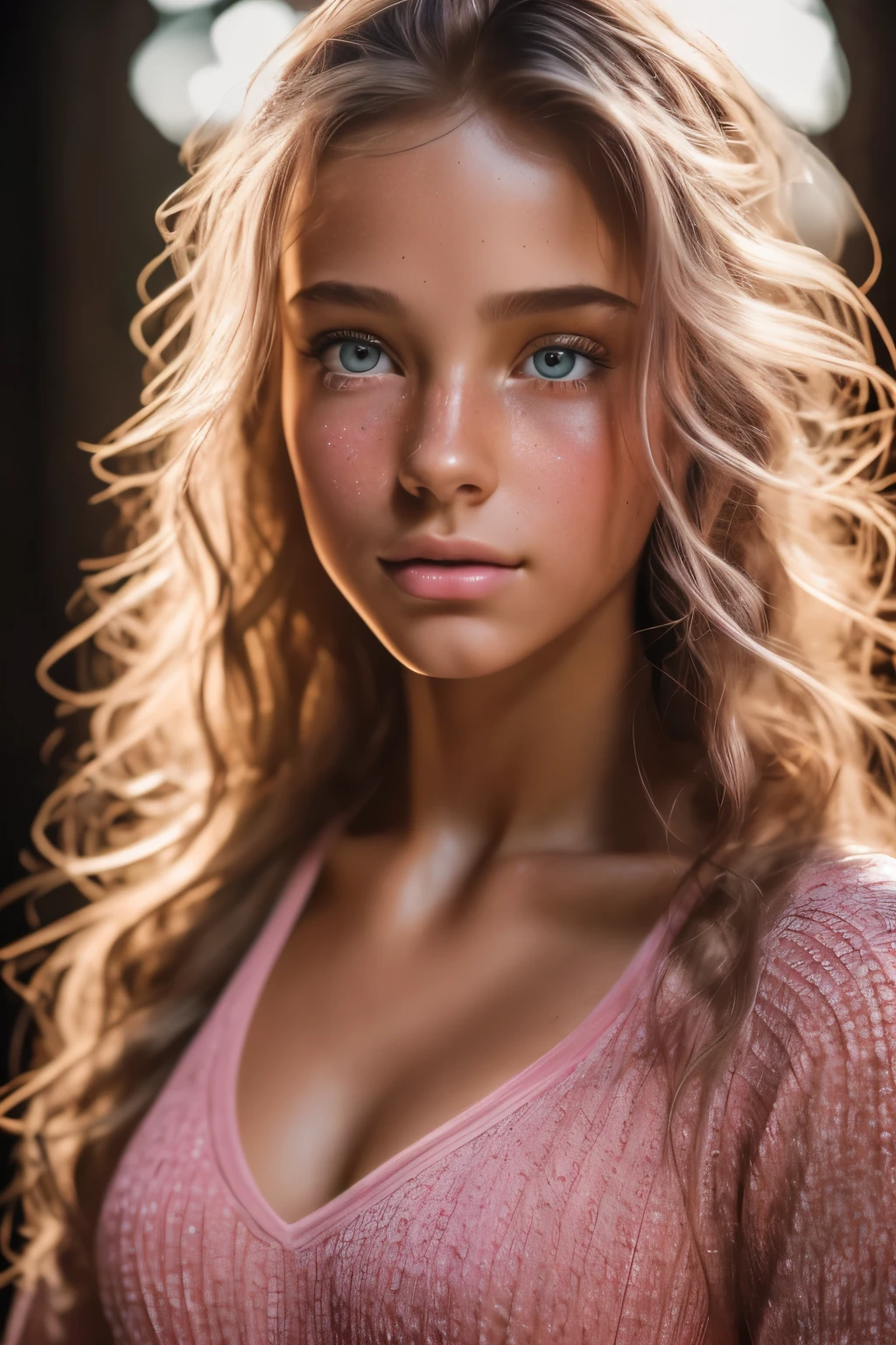 8K, Best quality, Masterpiece, Ultra-high resolution, (realism: 1.4), Original photo, (realistic skin texture: 1.3), (Graininess: 1.3), (Selfie angle), 1 girl, Pink clothes, Sapphire eyes and beautiful facial details, Masterpiece, Best quality, Close-up, High-quality upper body pull-ups, ultratextured skin