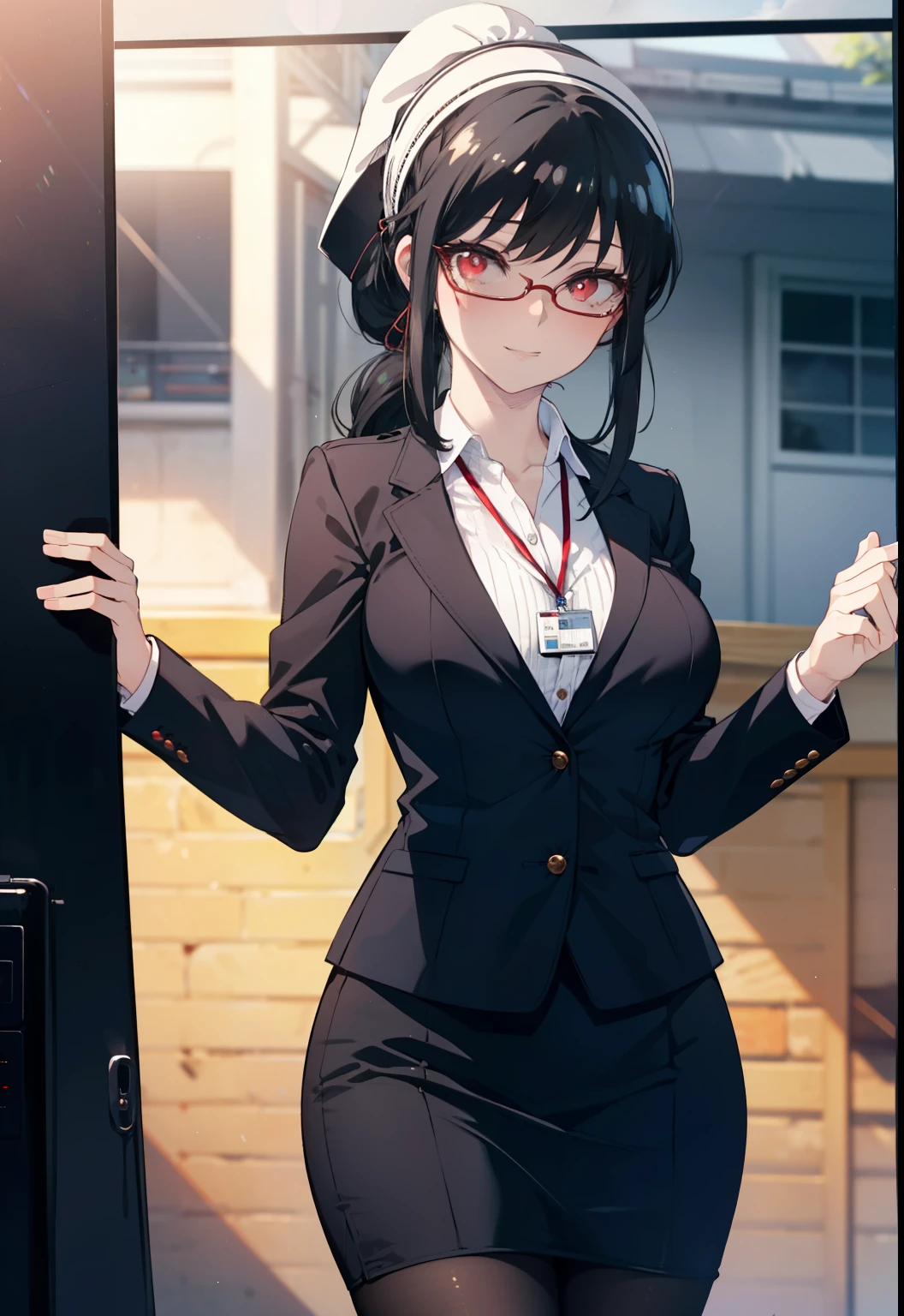 Yorubria Ratata, you missed the thorns, bangs, hair band, (red eyes:1.5), black hair,long hair,ponytail, smile, big breasts, OL, red glasses, Fundo, black suit jacket, collared jacket, white dress shirt, collared shirt, neckline, button, strap, ID card on neck, black pencil skirt, black pantyhose, stiletto heels,Asahi,朝
break outdoors,In town ,
break looking at viewer, (cowboy shot:1.5),
break (masterpiece:1.2), highest quality, High resolution, unity 8k wallpaper, (figure:0.8), (beautiful and fine eyes:1.6), highly detailed face, perfect lighting, Very detailed CG, (perfect hands, perfect anatomy),