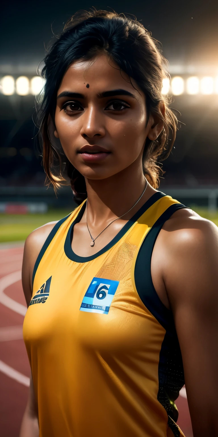 beautiful mature Indian college girl, in track outfit, outside on track field, ((slim, )), photorealistic, photo, masterpiece, realistic, realism, photorealism, high contrast, photorealistic digital art trending on Artstation 8k HD high definition detailed realistic, detailed, skin texture, hyper detailed, realistic skin texture, armature, best quality, ultra high res, (photorealistic:1.4),, high resolution, detailed, raw photo, sharp re, by lee jeffries nikon d850 film stock photograph 4 kodak portra 400 camera f1.6 lens rich colors hyper realistic lifelike texture dramatic lighting unrealengine trending on artstation cinestill 800,