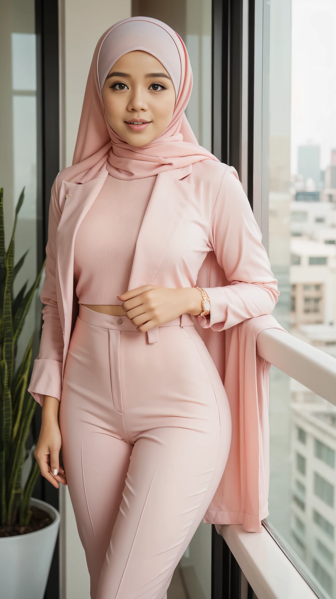 mira filzah sexy seducing pose, office balcony, morning, (mira filzah:1.3), wearing hijab, pastel color hijab, pink pastel office outfit, pink suits, , small breast, flat chest, wide waist, thick thighs, bright lighting, high quality, ultra detail, 8k, professional photography, depth of field effect,