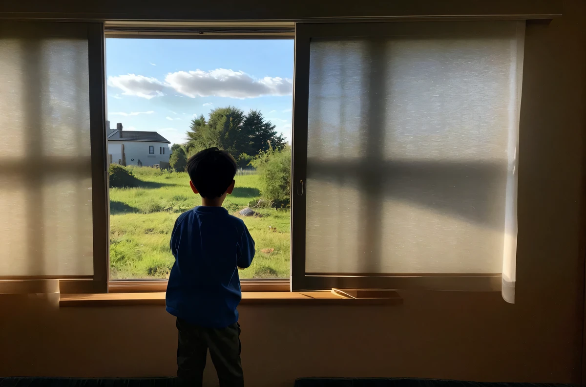 A  in a house looking out the window seeing himself as an adult 